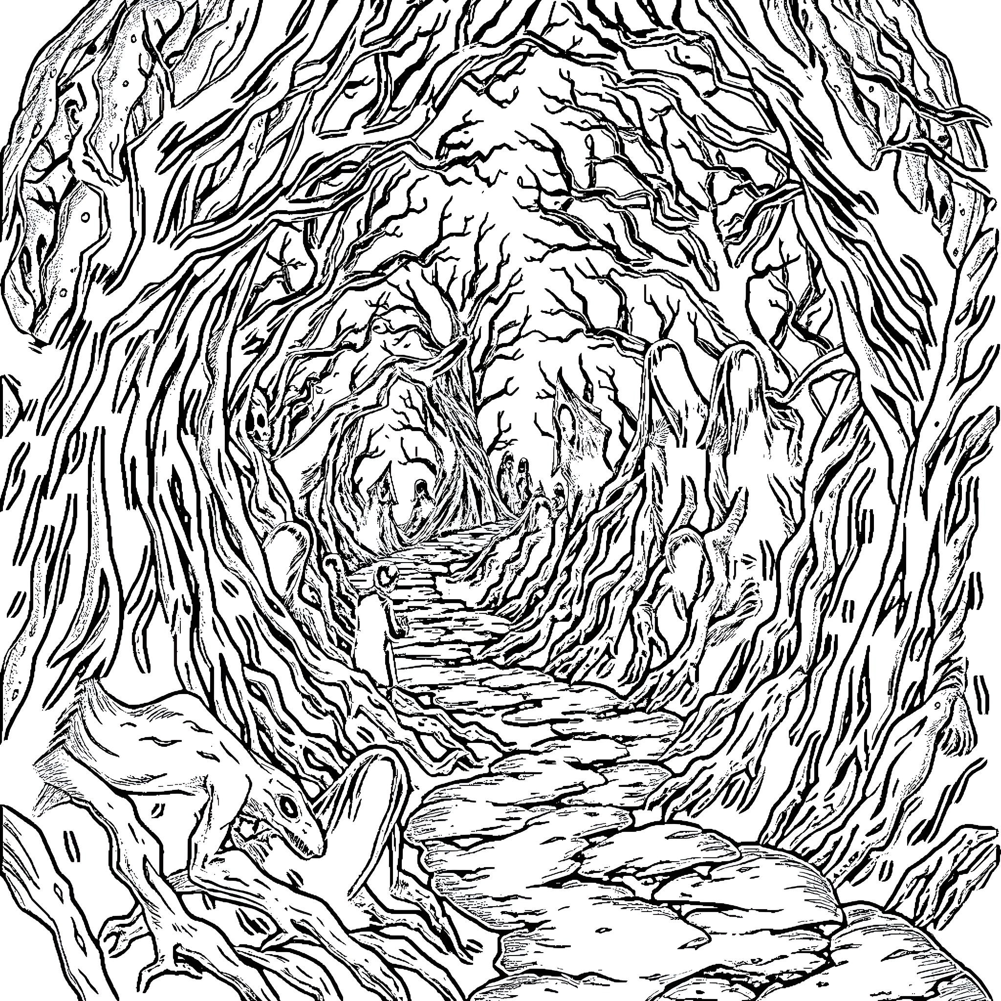 Halara: Mystical Forest Path Coloring Page (free black-and-white line drawing printable PDF for all, from beginners to advanced learners, including children, teens, adults, and seniors)