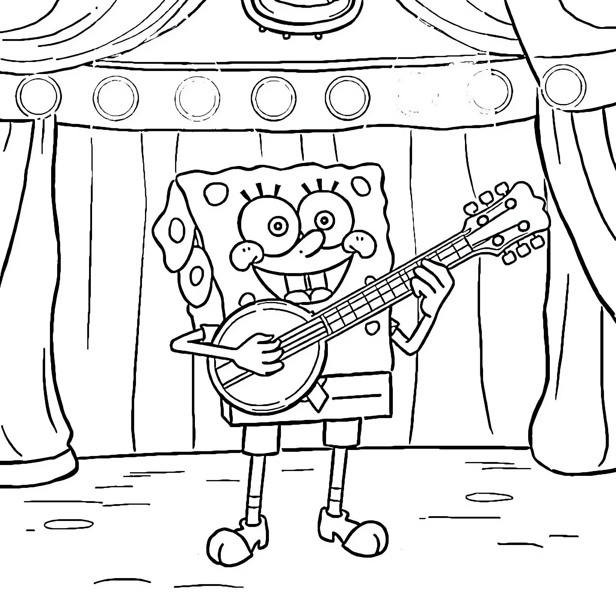 Spongebob performing live on stage with guitar Coloring Page (free black-and-white line drawing printable PDF for all, from beginners to advanced learners, including children, teens, adults, and seniors)