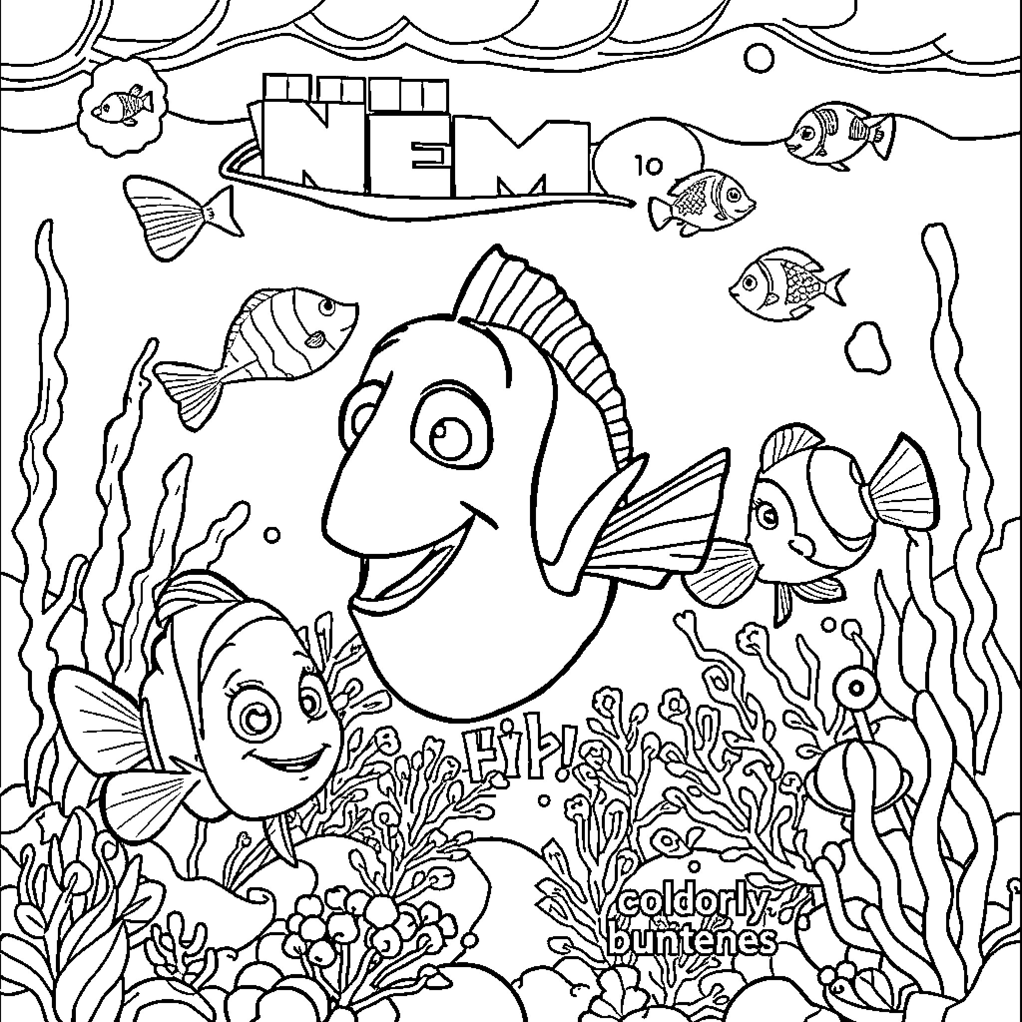 Nemo and friends explore the vibrant underwater world Coloring Page (free black-and-white line drawing printable PDF for all, from beginners to advanced learners, including children, teens, adults, and seniors)