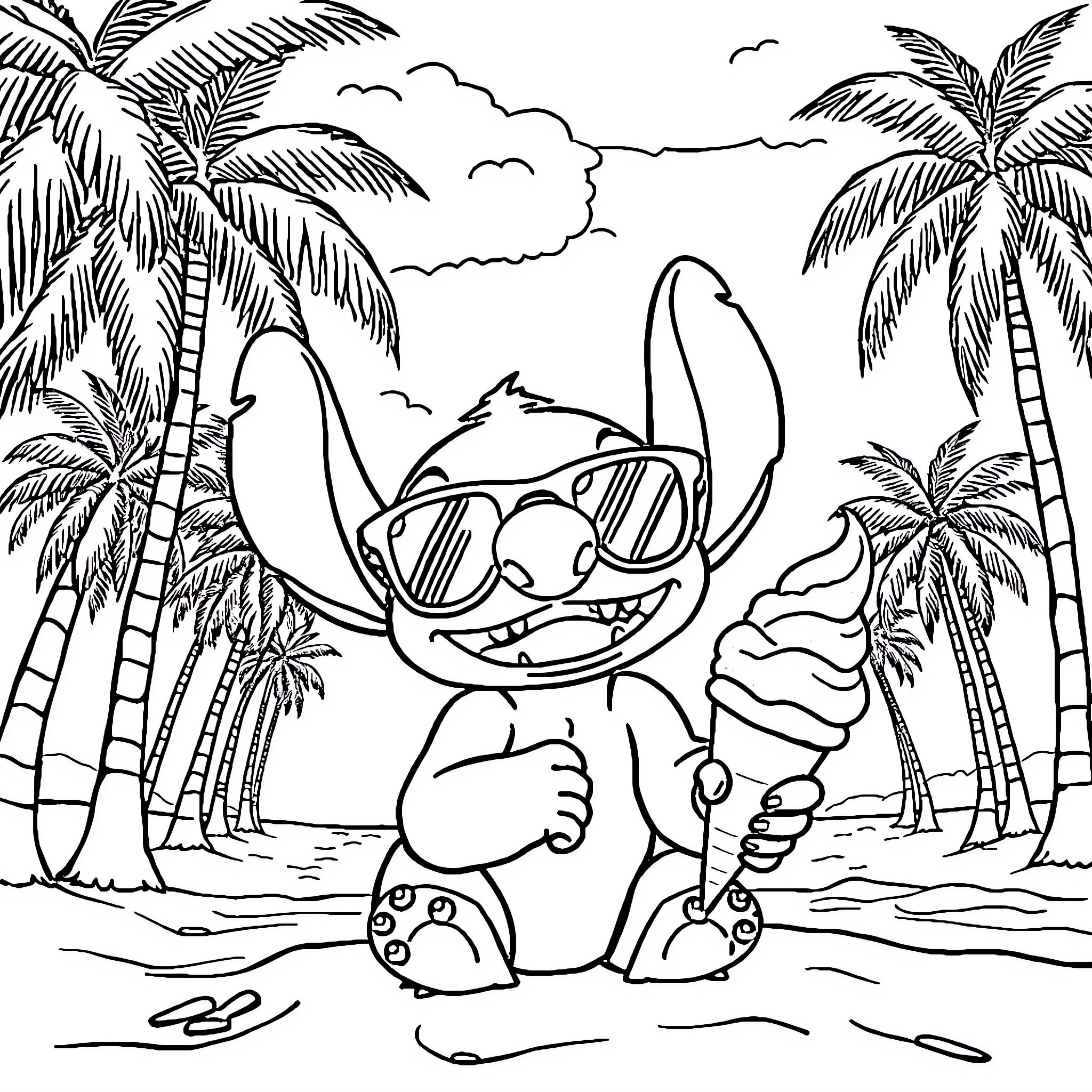 Stitch enjoying a tropical vacation Coloring Page (free black-and-white line drawing printable PDF for all, from beginners to advanced learners, including children, teens, adults, and seniors)