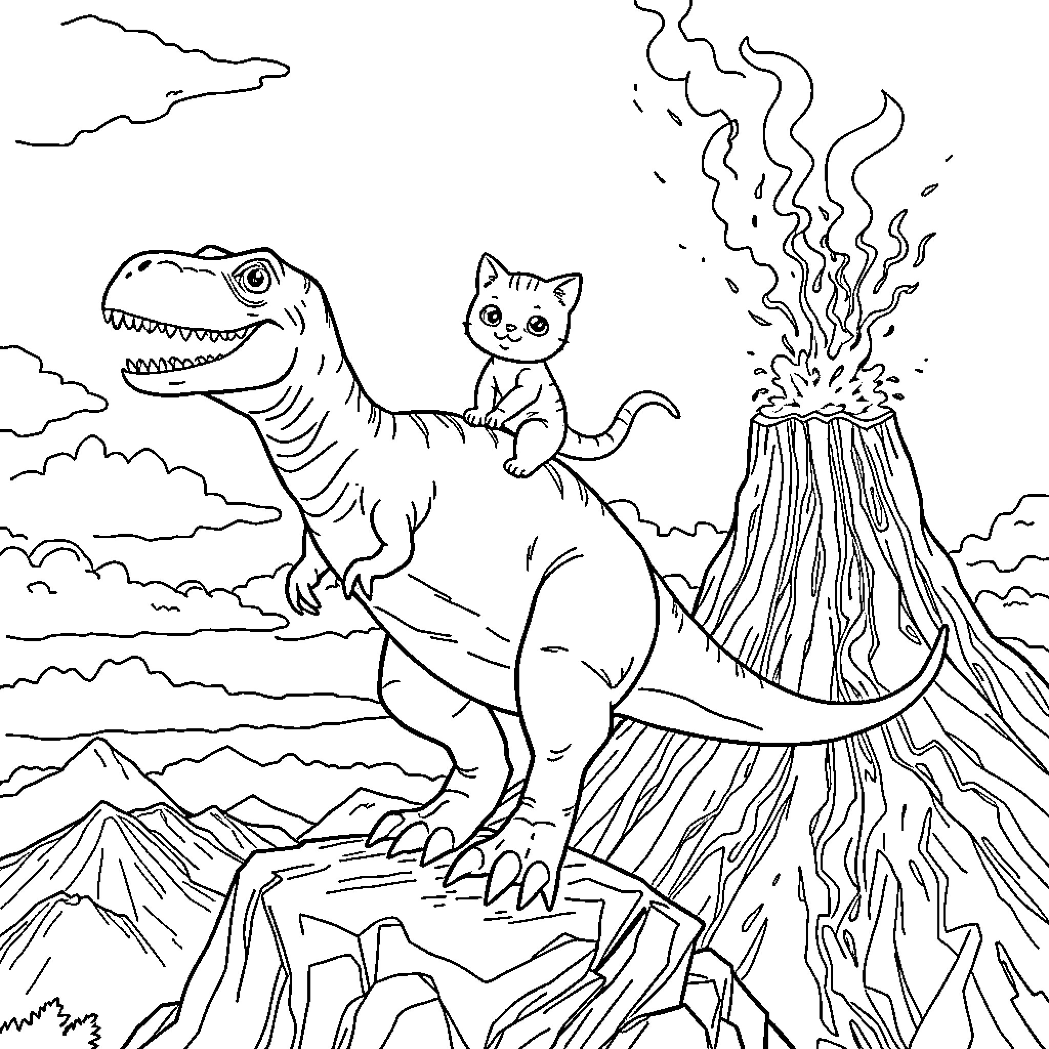 Cat riding on the back of a dinosaur near a volcano Coloring Page (free black-and-white line drawing printable PDF for all, from beginners to advanced learners, including children, teens, adults, and seniors)