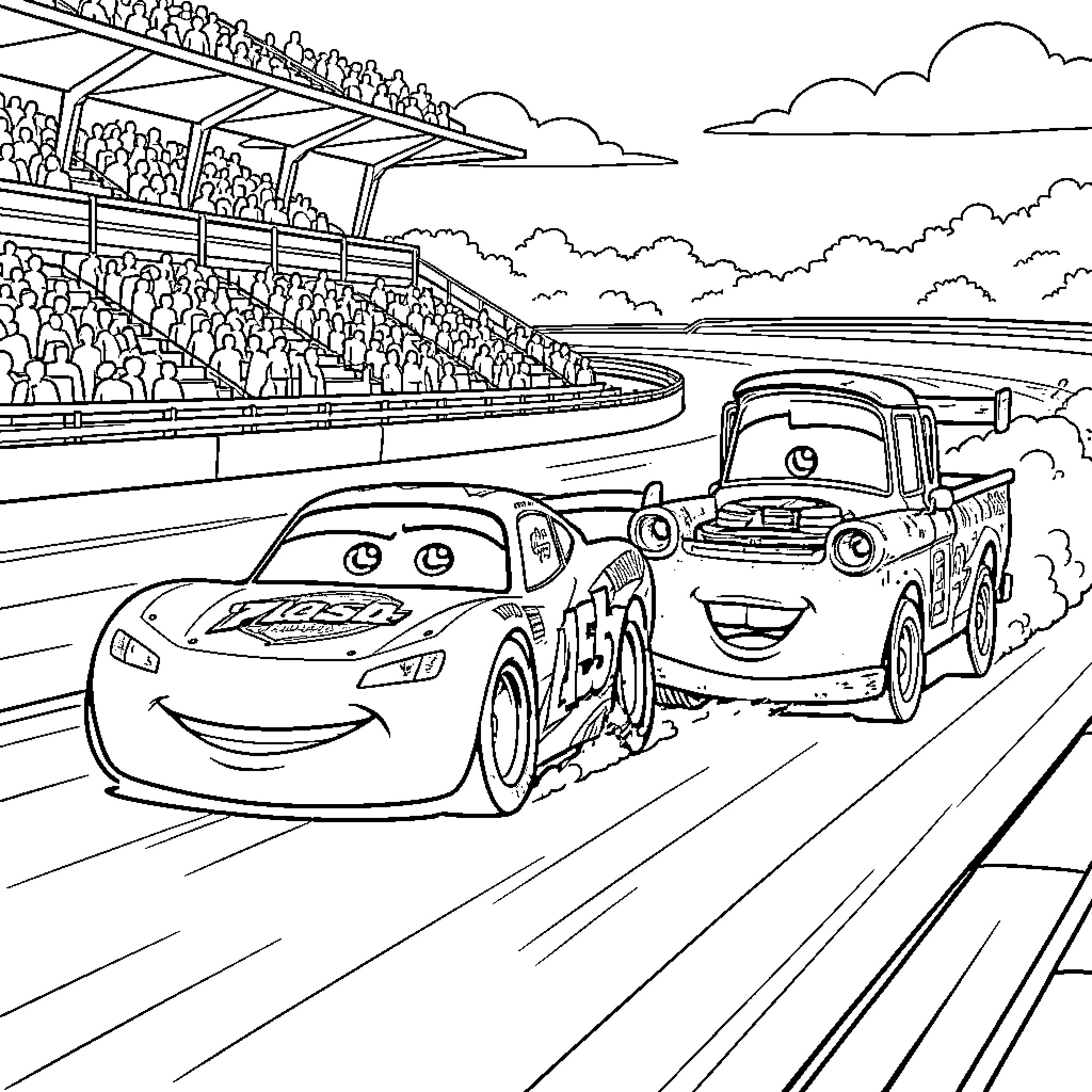 Flash McQueen racing fast on a crowded track Coloring Page (free black-and-white line drawing printable PDF for all, from beginners to advanced learners, including children, teens, adults, and seniors)