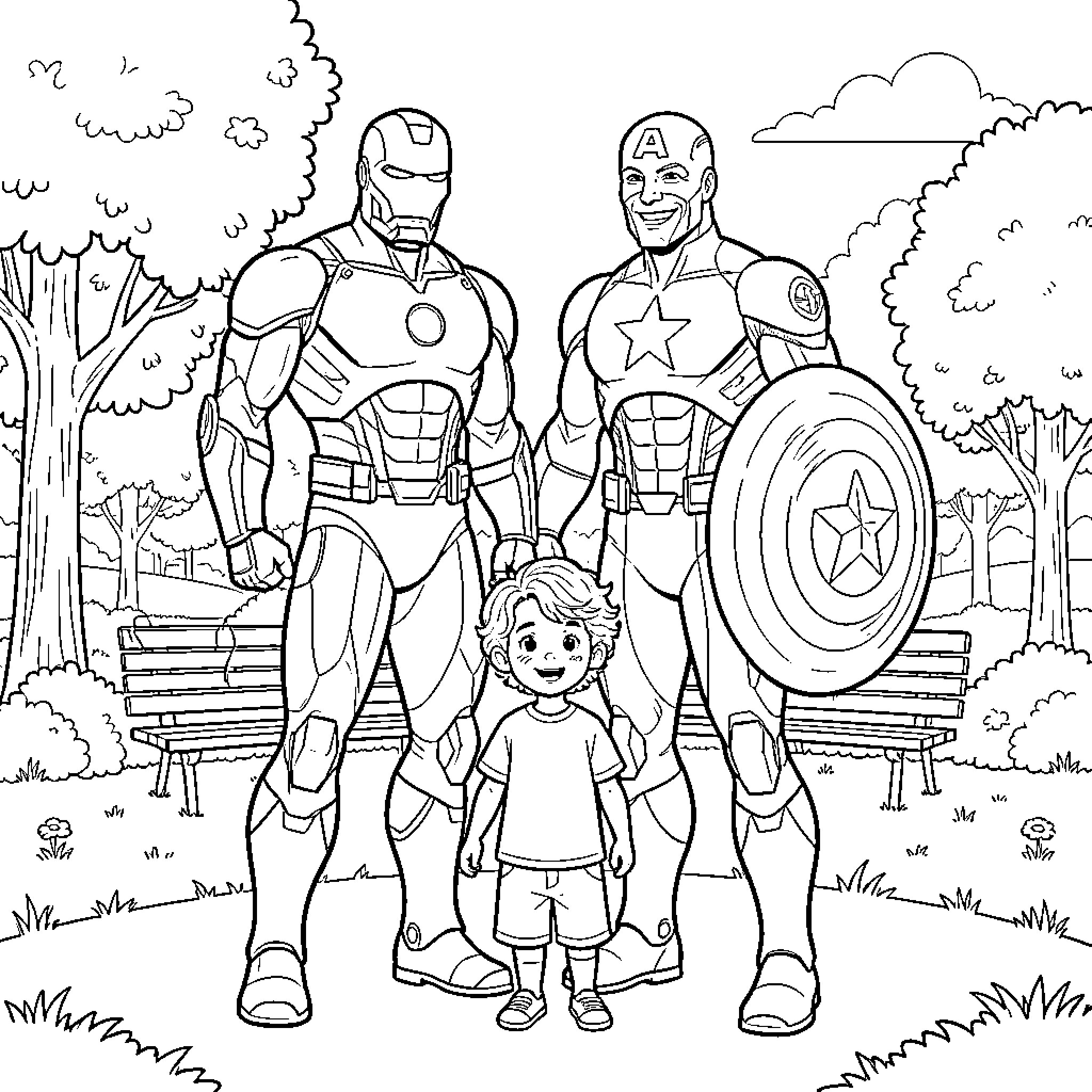 Ironman and Captain America protect a young child in the park Coloring Page (free black-and-white line drawing printable PDF for all, from beginners to advanced learners, including children, teens, adults, and seniors)