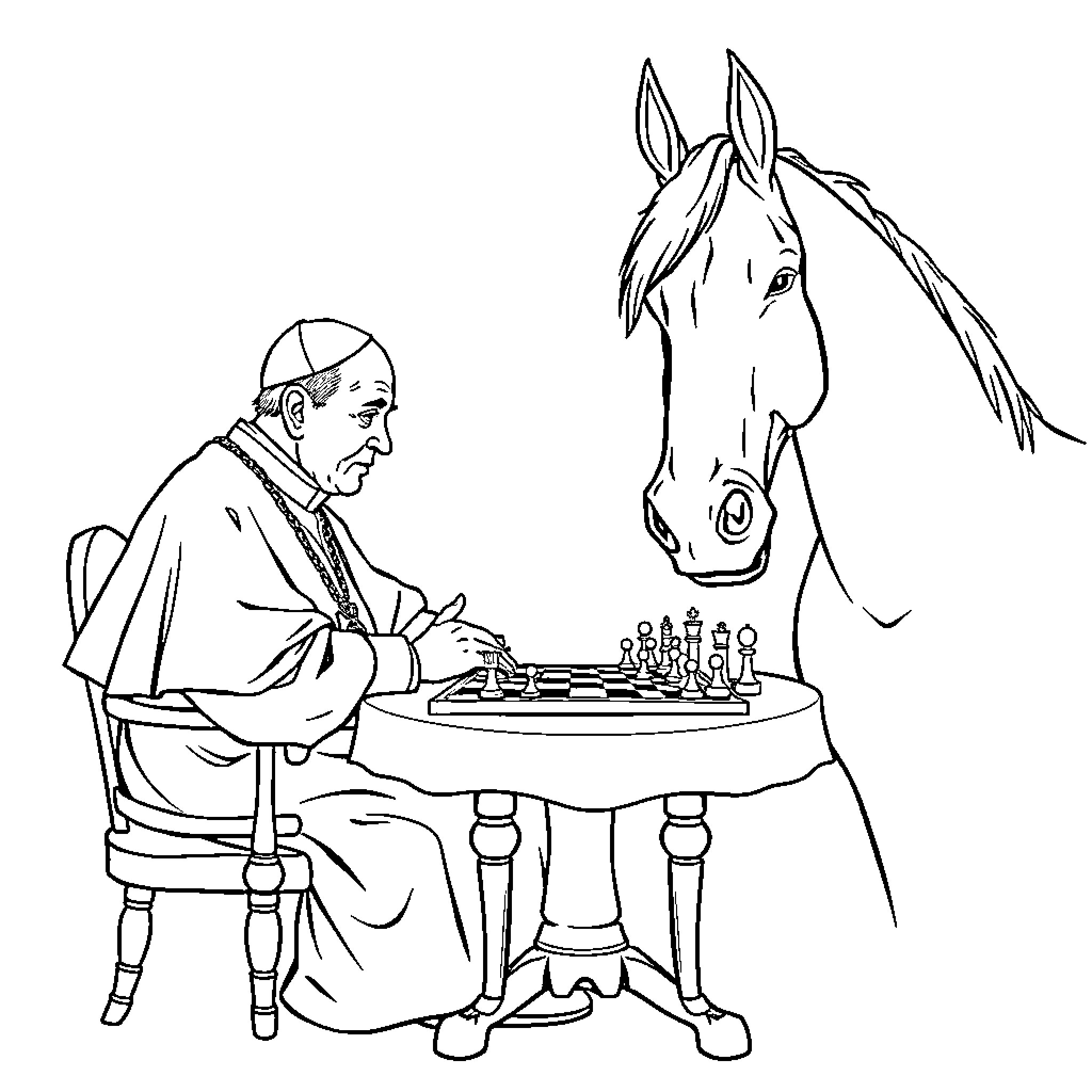 Pope playing chess with a horse Coloring Page (free black-and-white line drawing printable PDF for all, from beginners to advanced learners, including children, teens, adults, and seniors)