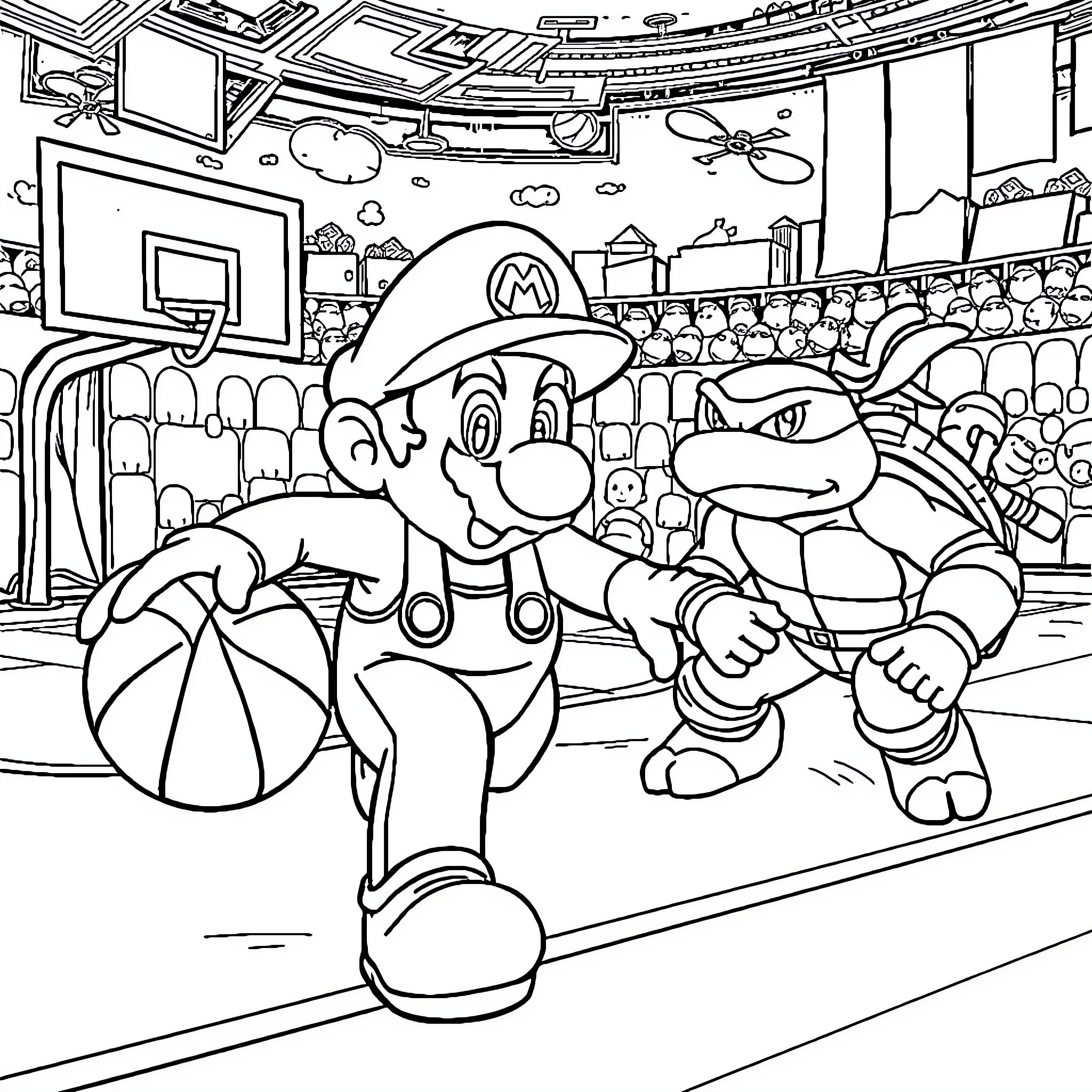 Super Mario Basketball Championship Game Coloring Page (free black-and-white line drawing printable PDF for all, from beginners to advanced learners, including children, teens, adults, and seniors)