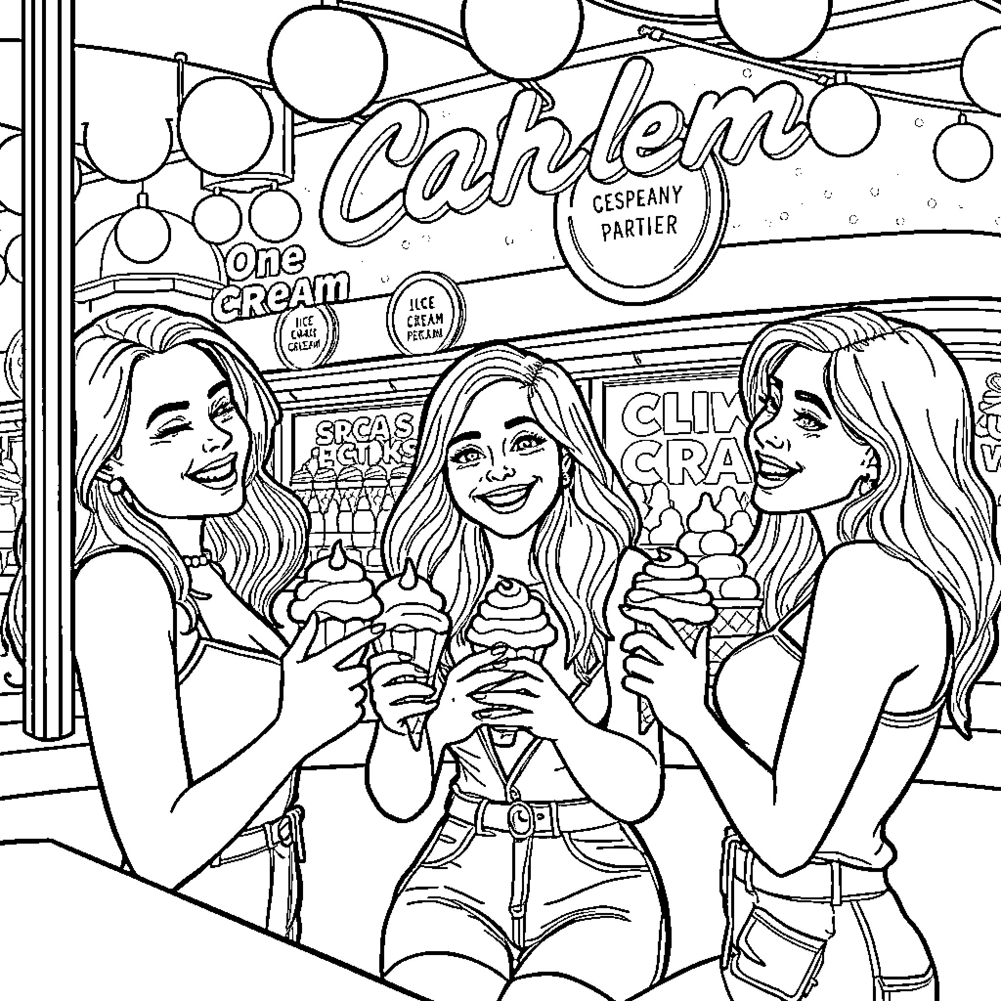 Women enjoying ice cream together in a cafe Coloring Page (free black-and-white line drawing printable PDF for all, from beginners to advanced learners, including children, teens, adults, and seniors)