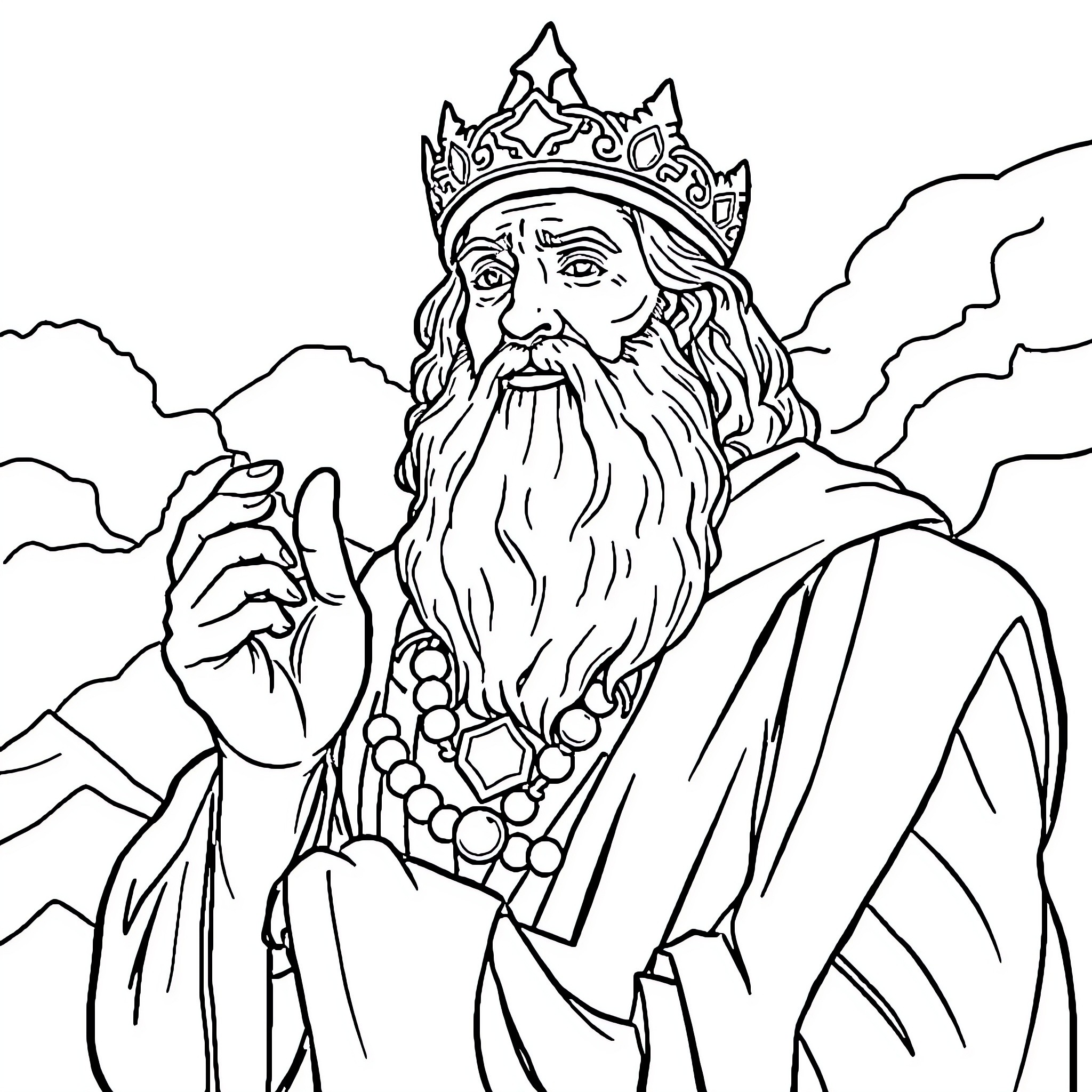 Solomon the Wise King Holding Scepter in Regal Attire Coloring Page (free black-and-white line drawing printable PDF for all, from beginners to advanced learners, including children, teens, adults, and seniors)