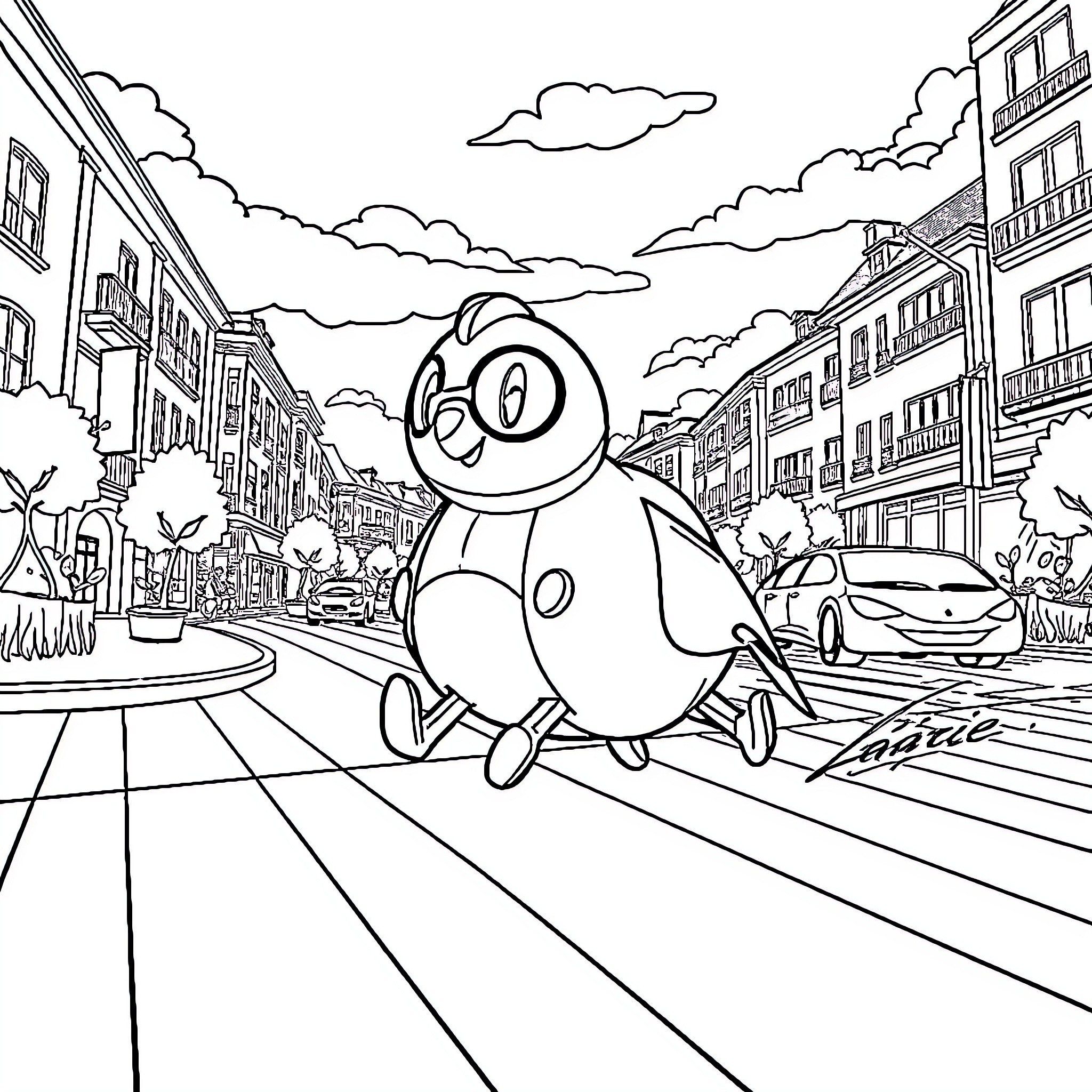 Paw Patrol character exploring the city streets Coloring Page (free black-and-white line drawing printable PDF for all, from beginners to advanced learners, including children, teens, adults, and seniors)