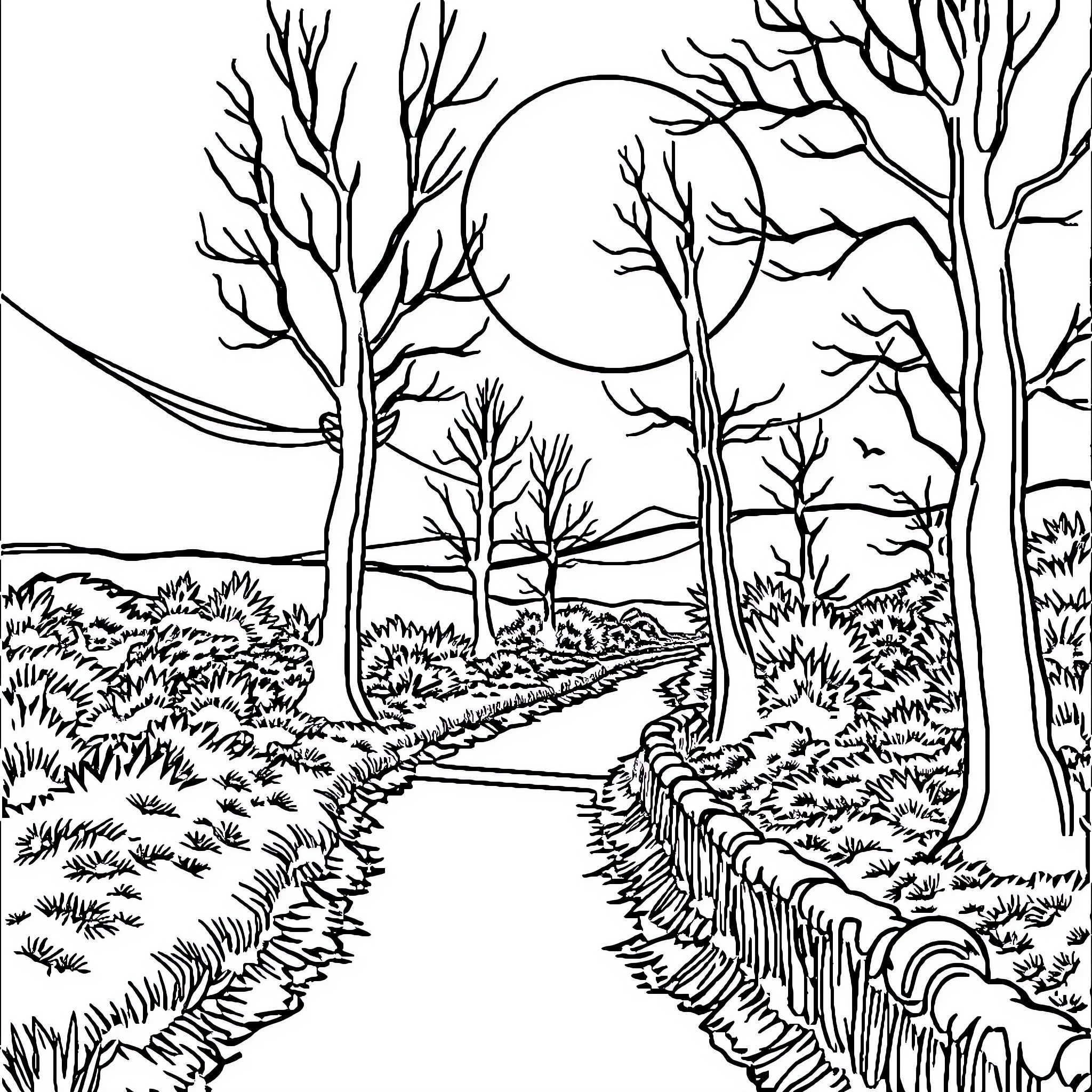 Άγιος Βασίλης in a serene winter landscape Coloring Page (free black-and-white line drawing printable PDF for all, from beginners to advanced learners, including children, teens, adults, and seniors)
