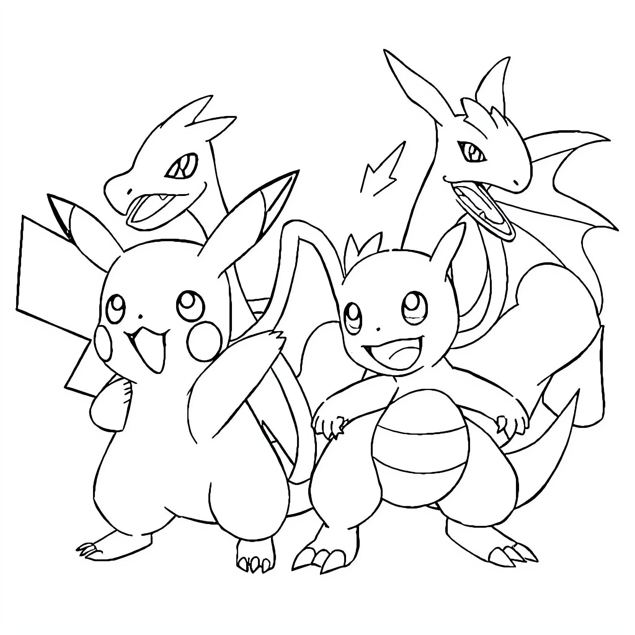 Pokémon characters in cheerful group pose Coloring Page (free black-and-white line drawing printable PDF for all, from beginners to advanced learners, including children, teens, adults, and seniors)