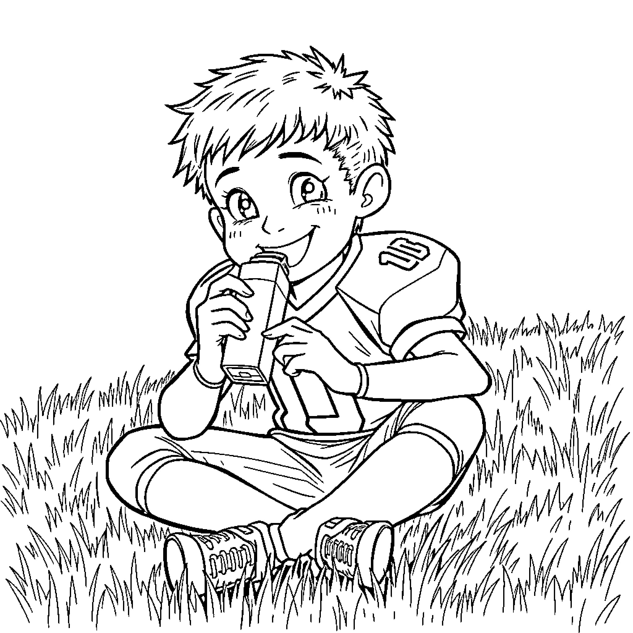 Football Player Resting on the Grass Coloring Page (free black-and-white line drawing printable PDF for all, from beginners to advanced learners, including children, teens, adults, and seniors)