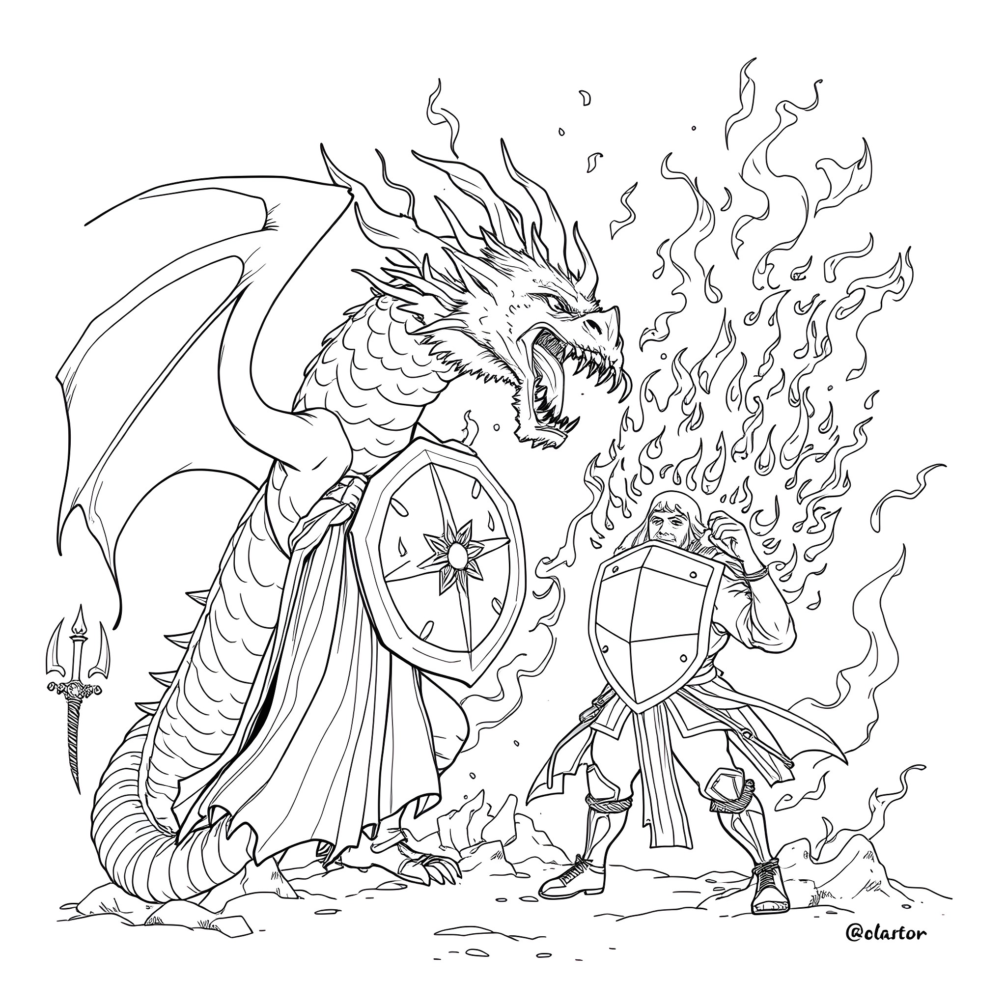 Dragon Knight's Fiery Confrontation Coloring Page (free black-and-white line drawing printable PDF for all, from beginners to advanced learners, including children, teens, adults, and seniors)