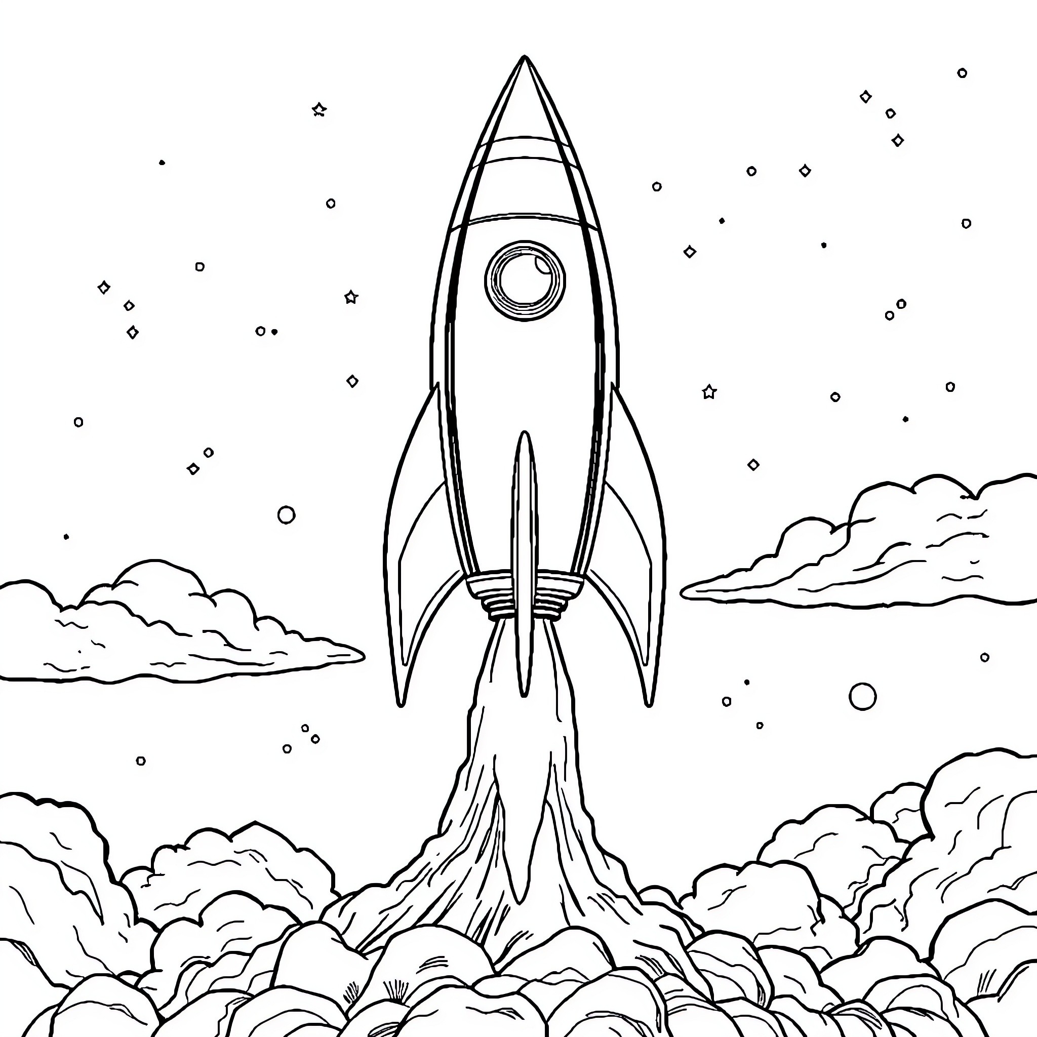 Rocket Launching into Outer Space Coloring Page (free black-and-white line drawing printable PDF for all, from beginners to advanced learners, including children, teens, adults, and seniors)