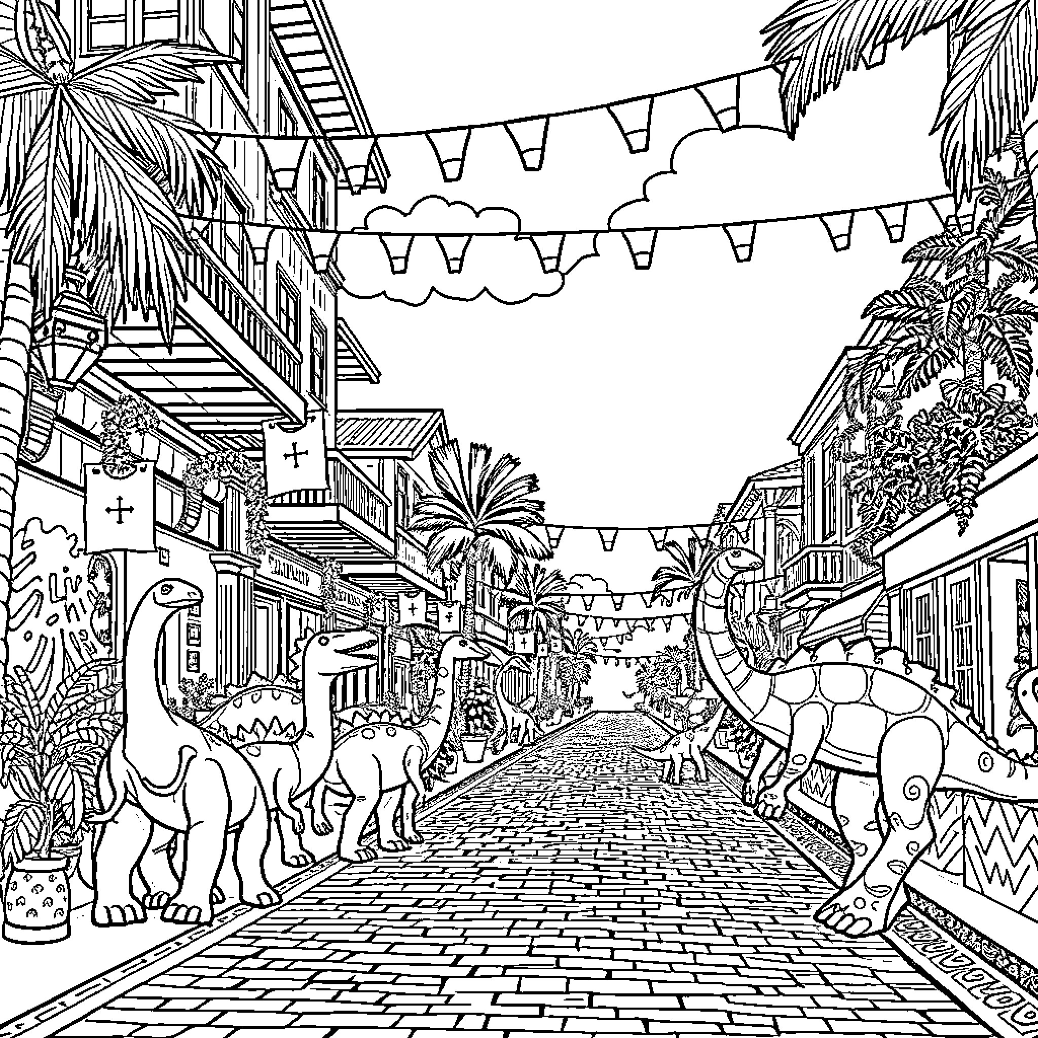 Dinosaurs Roaming the Vibrant Street Festival Coloring Page (free black-and-white line drawing printable PDF for all, from beginners to advanced learners, including children, teens, adults, and seniors)