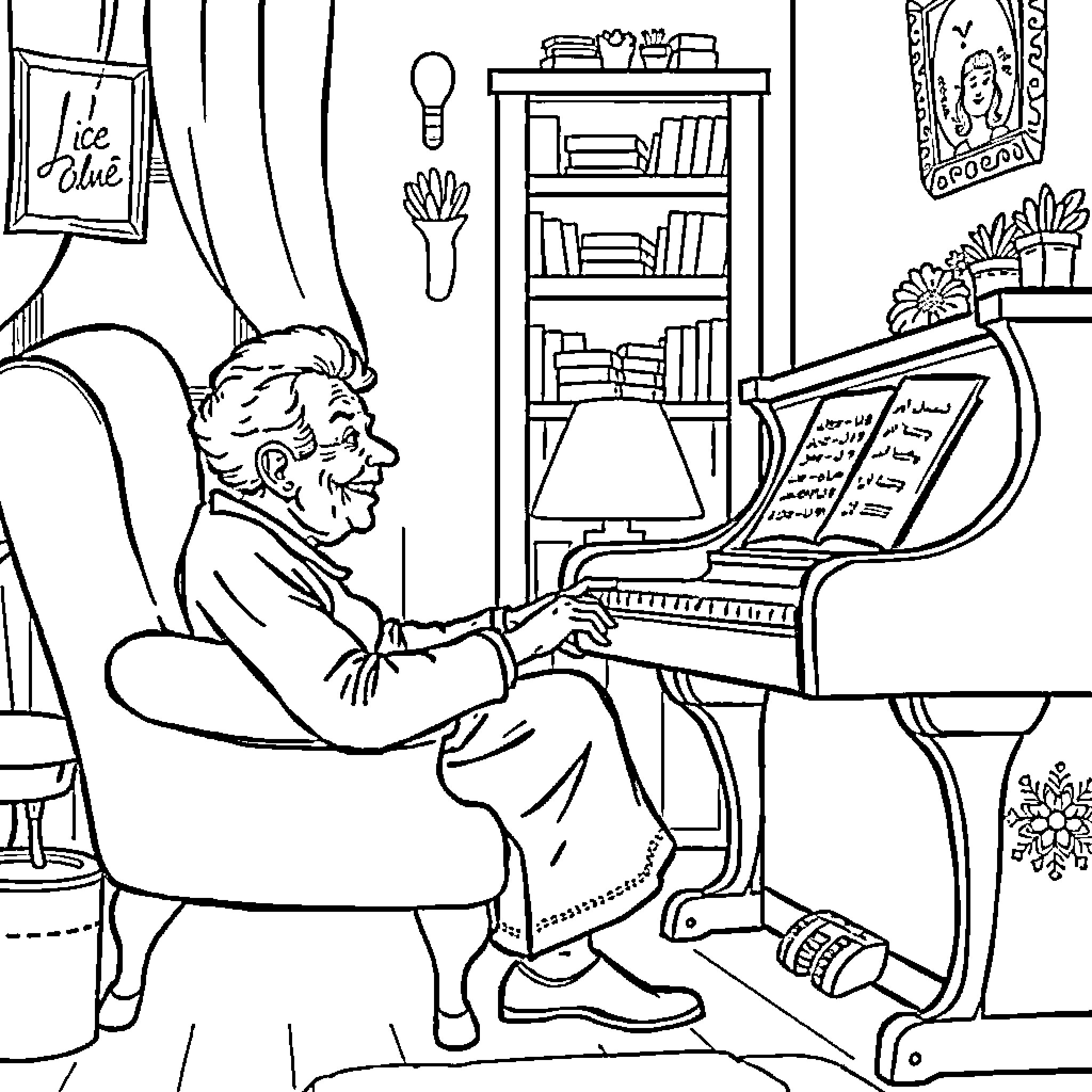 Lady Playing Piano at Home Coloring Page (free black-and-white line drawing printable PDF for all, from beginners to advanced learners, including children, teens, adults, and seniors)