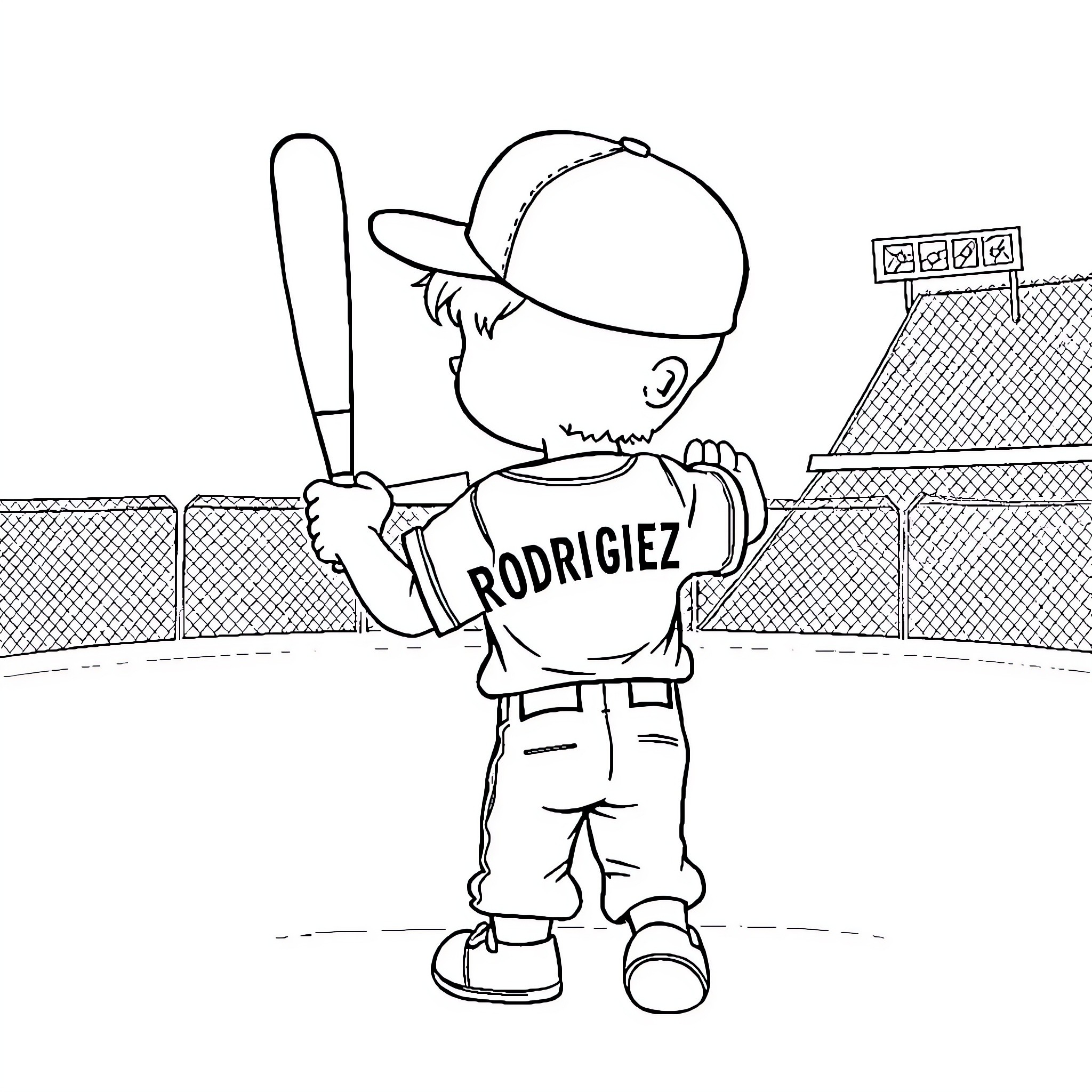 Baby Boy Playing Baseball on the Field Coloring Page (free black-and-white line drawing printable PDF for all, from beginners to advanced learners, including children, teens, adults, and seniors)