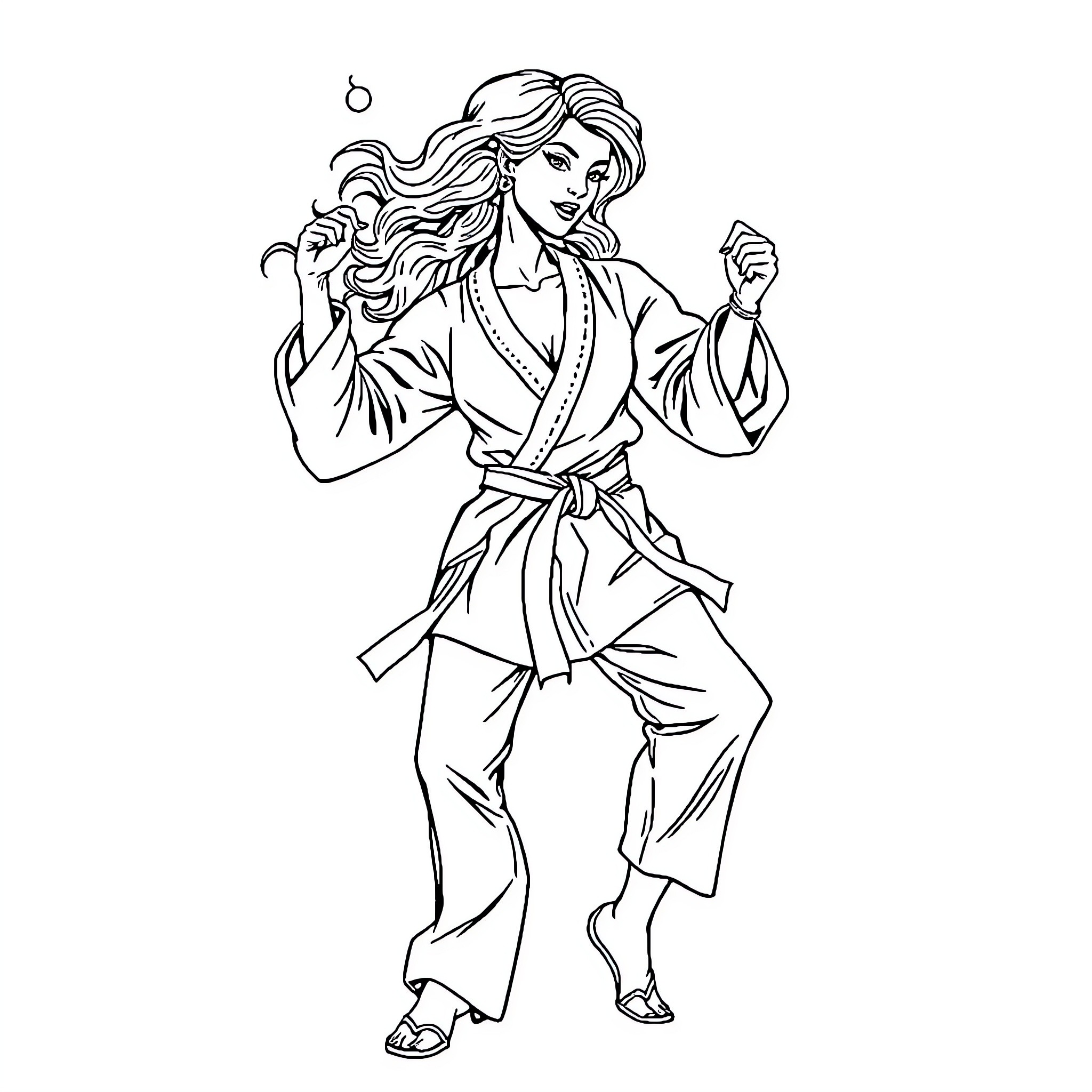 Karateka practicing martial arts moves with determination Coloring Page (free black-and-white line drawing printable PDF for all, from beginners to advanced learners, including children, teens, adults, and seniors)