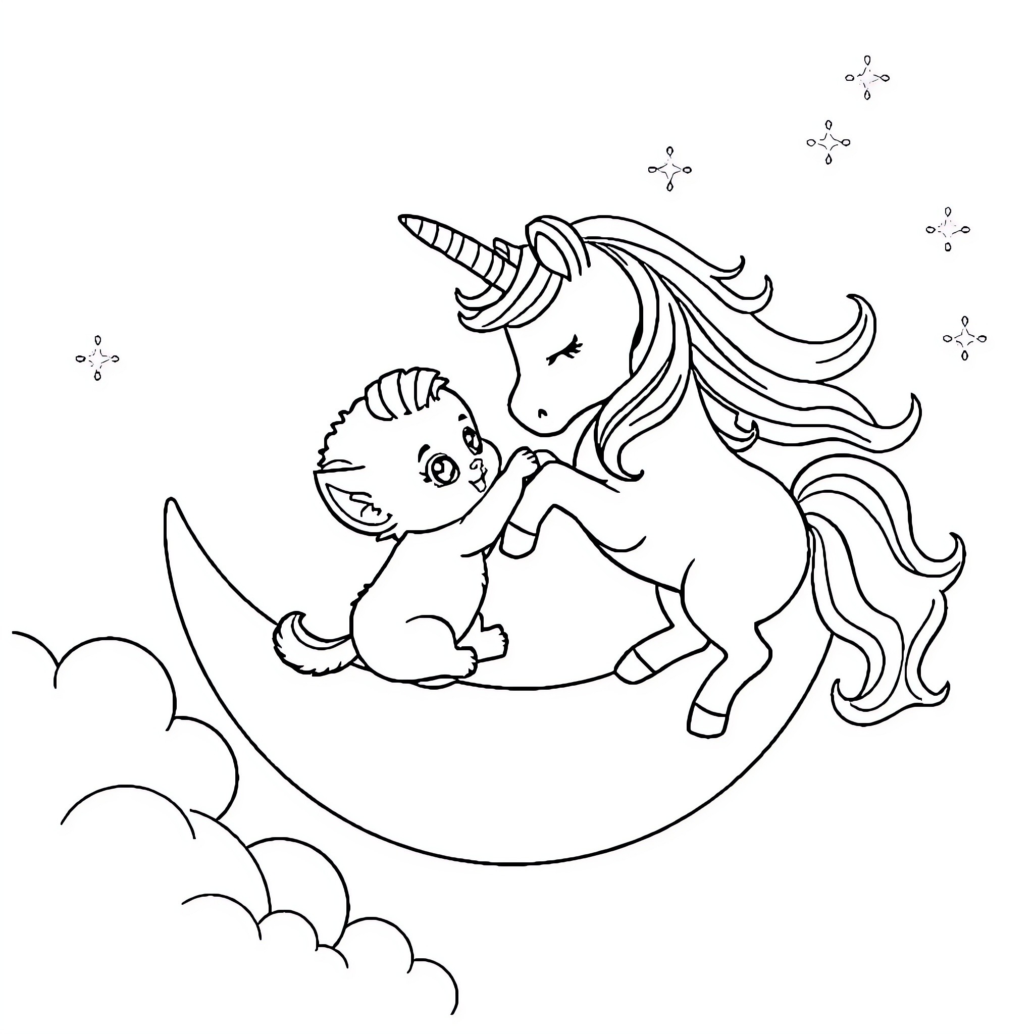 Kitten riding a magical unicorn on the moon Coloring Page (free black-and-white line drawing printable PDF for all, from beginners to advanced learners, including children, teens, adults, and seniors)