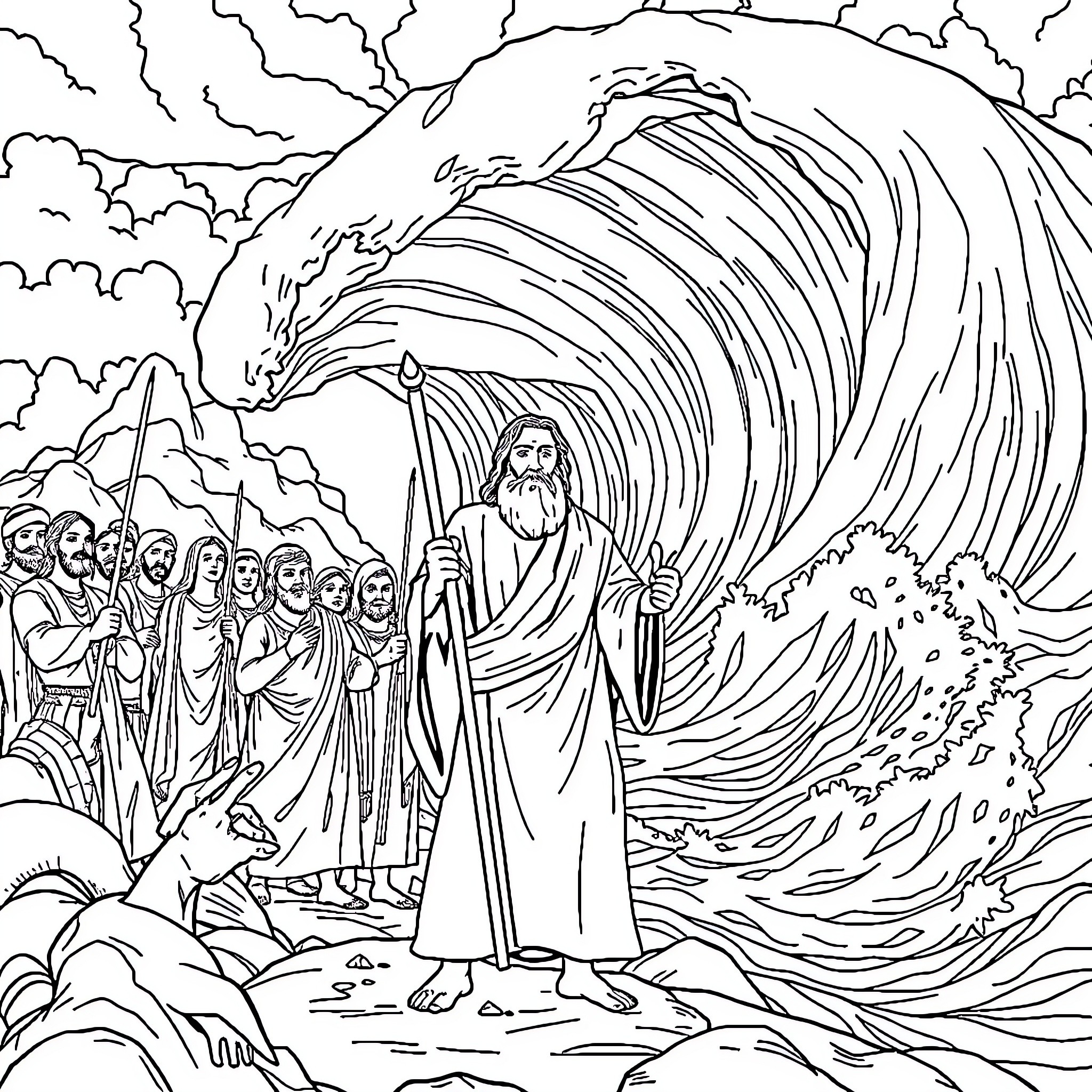 Moses Parting the Waves with Followers Coloring Page (free black-and-white line drawing printable PDF for all, from beginners to advanced learners, including children, teens, adults, and seniors)