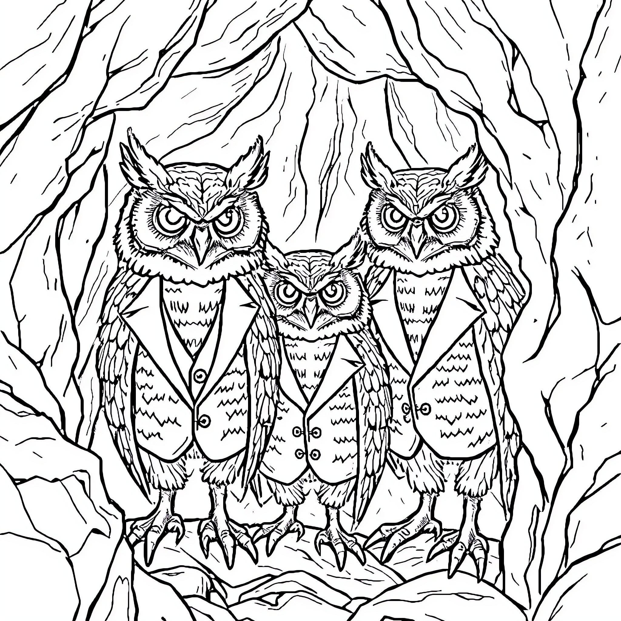 Owl family in winter forest Coloring Page (free black-and-white line drawing printable PDF for all, from beginners to advanced learners, including children, teens, adults, and seniors)
