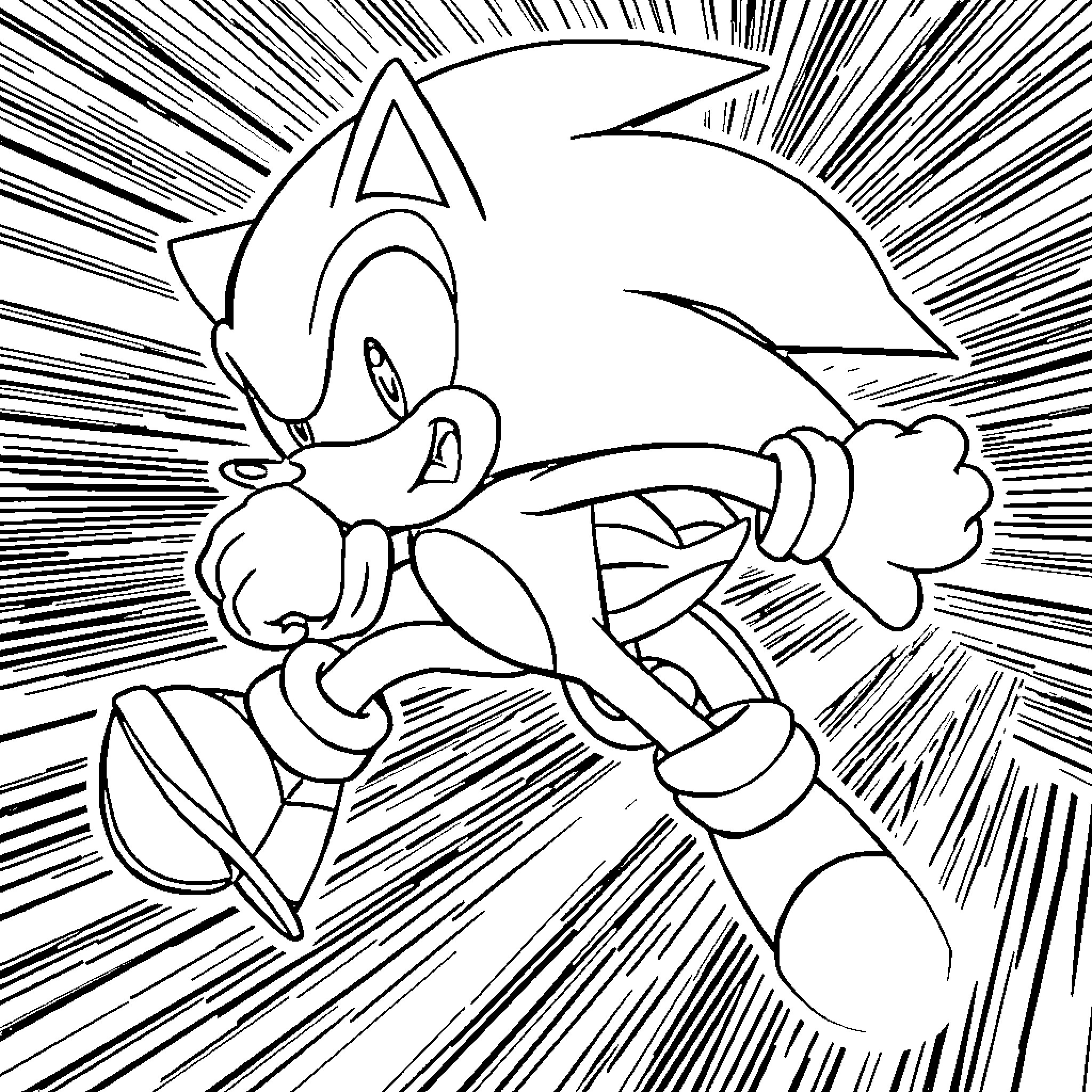 Sonic running at high speed with determination Coloring Page (free black-and-white line drawing printable PDF for all, from beginners to advanced learners, including children, teens, adults, and seniors)