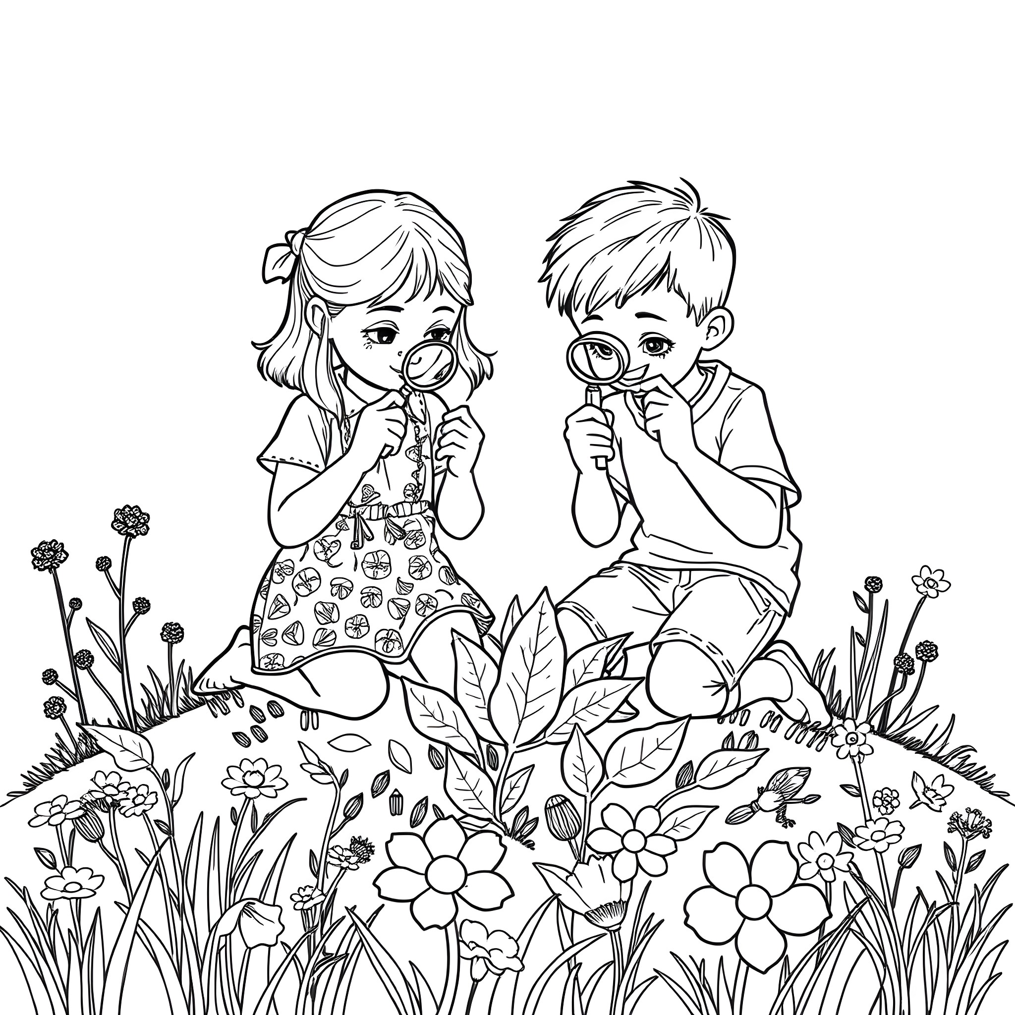 Children playing in a flower garden Coloring Page (free black-and-white line drawing printable PDF for all, from beginners to advanced learners, including children, teens, adults, and seniors)