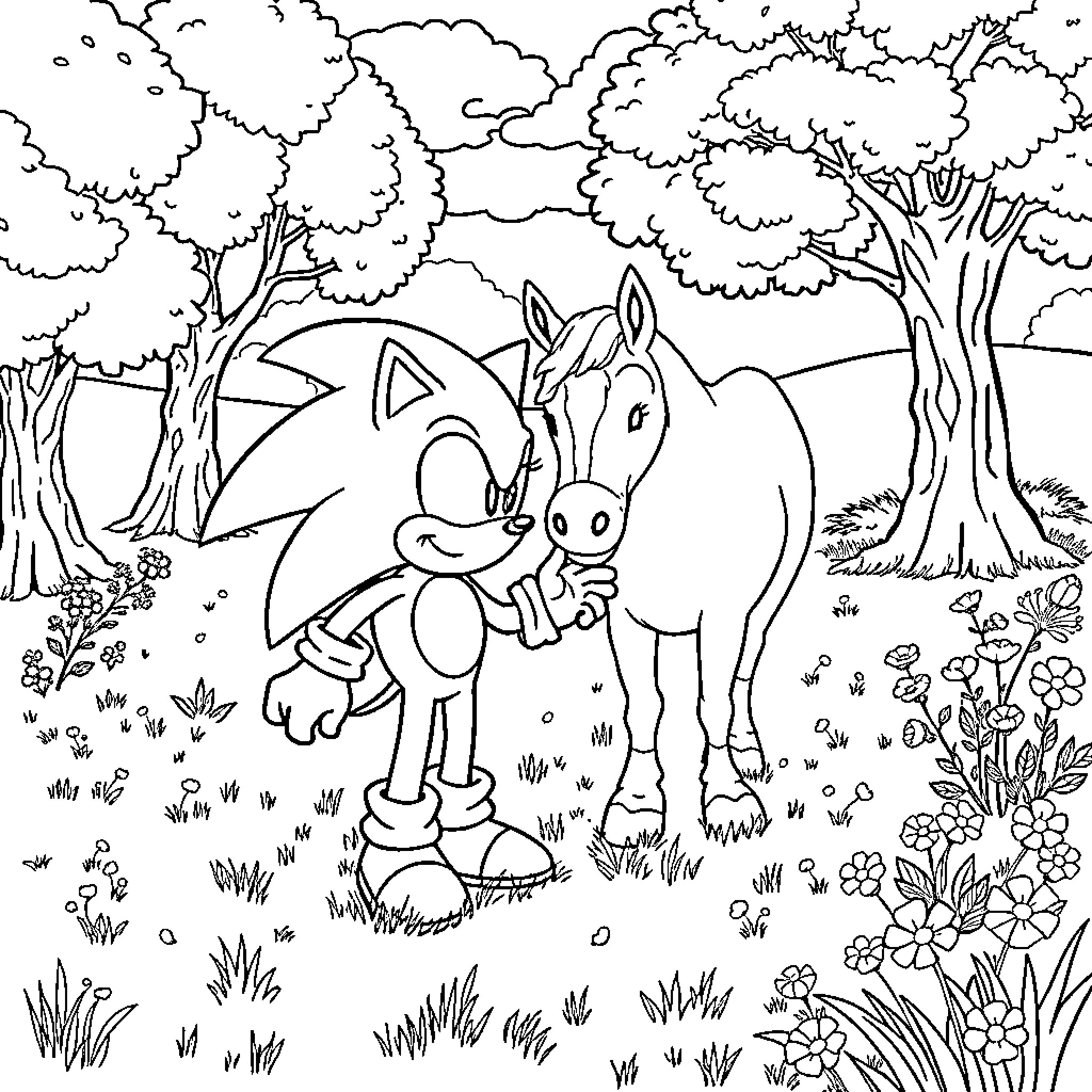 Sonic's Forest Adventure with Animal Friends Coloring Page (free black-and-white line drawing printable PDF for all, from beginners to advanced learners, including children, teens, adults, and seniors)
