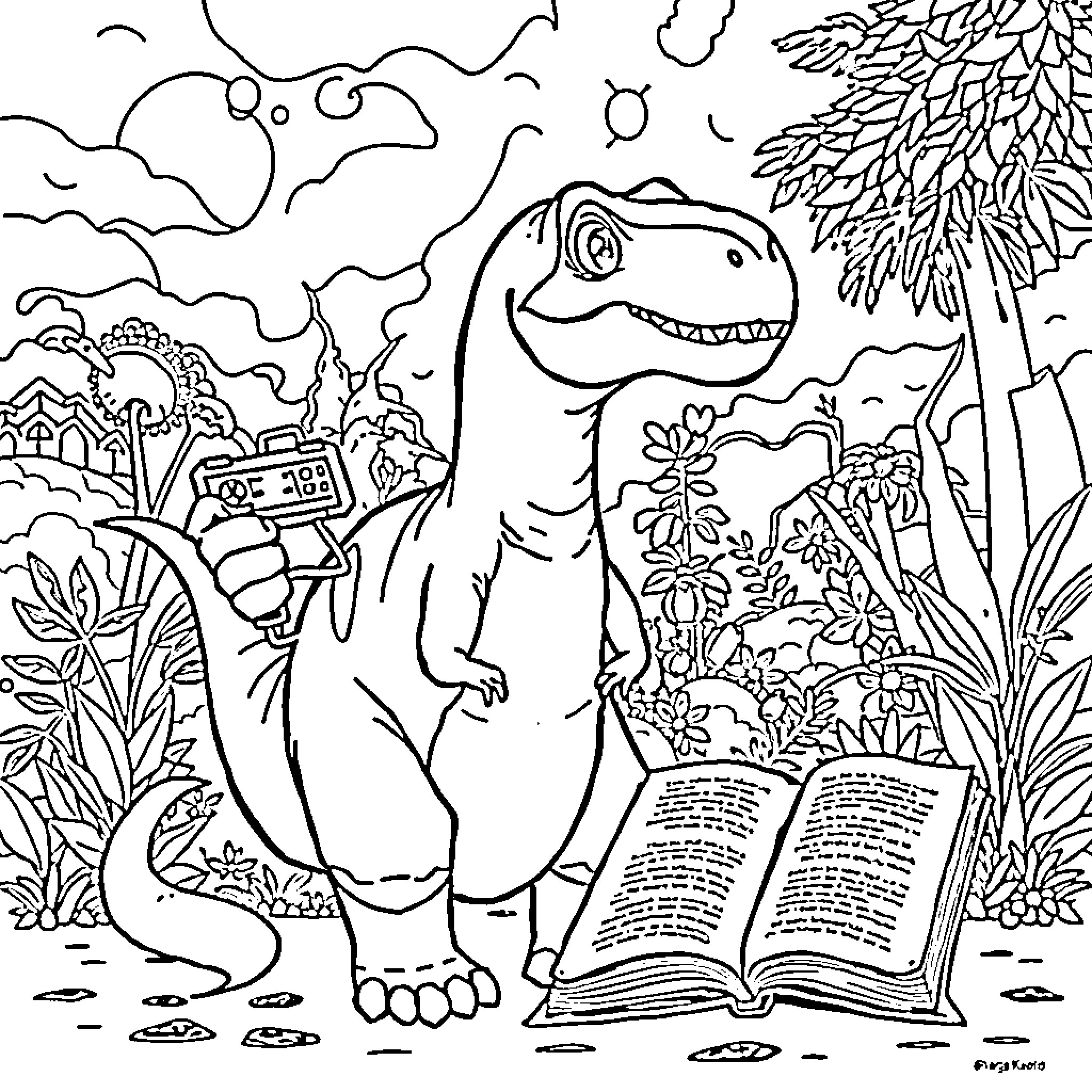 Brontosaurus reading a book in a nature scene Coloring Page (free black-and-white line drawing printable PDF for all, from beginners to advanced learners, including children, teens, adults, and seniors)