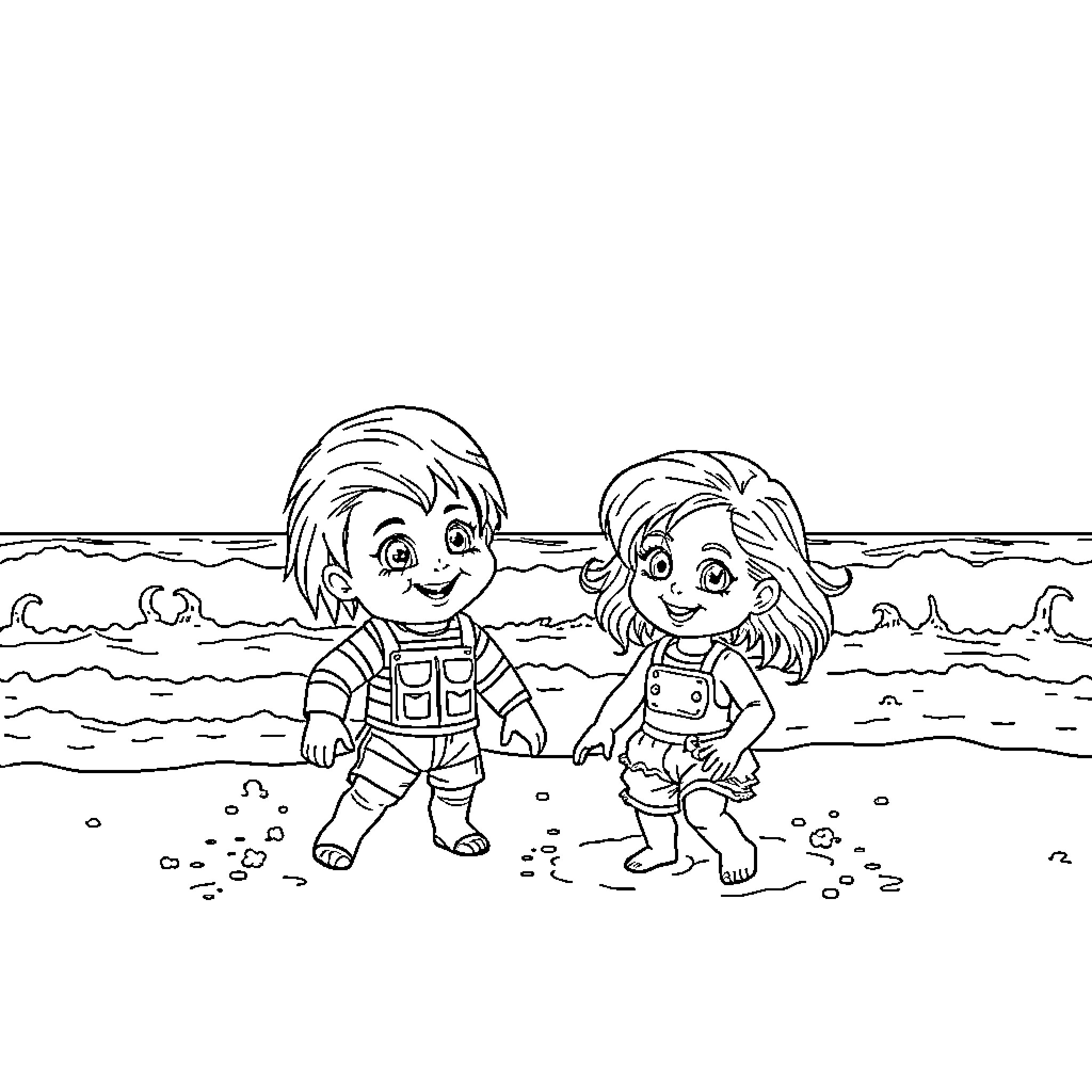 Chucky characters playing on the beach Coloring Page (free black-and-white line drawing printable PDF for all, from beginners to advanced learners, including children, teens, adults, and seniors)