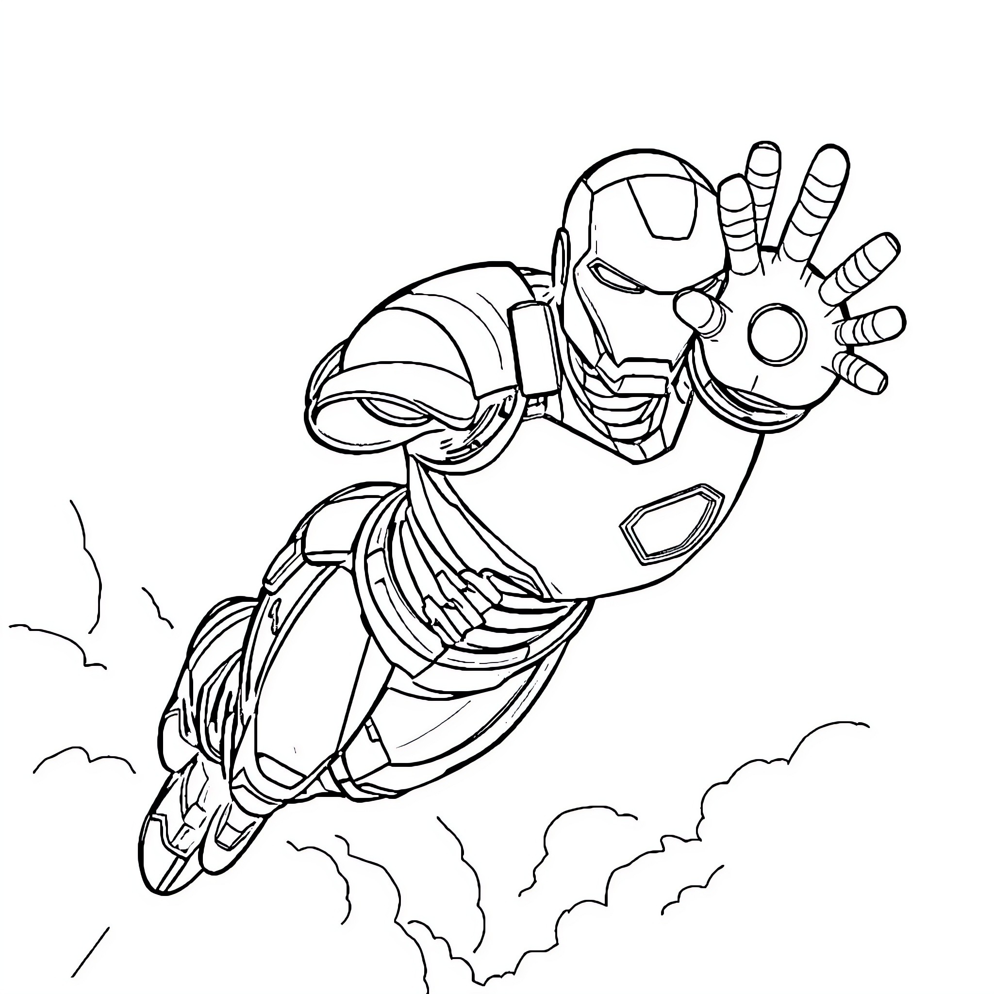 Iron Man soaring in the sky with outstretched arms Coloring Page (free black-and-white line drawing printable PDF for all, from beginners to advanced learners, including children, teens, adults, and seniors)