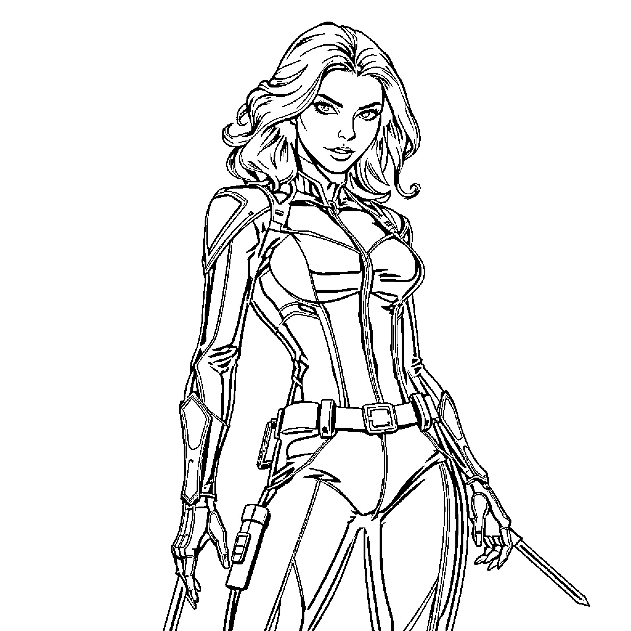 Black Widow in Action Pose with Tactical Gear Coloring Page (free black-and-white line drawing printable PDF for all, from beginners to advanced learners, including children, teens, adults, and seniors)