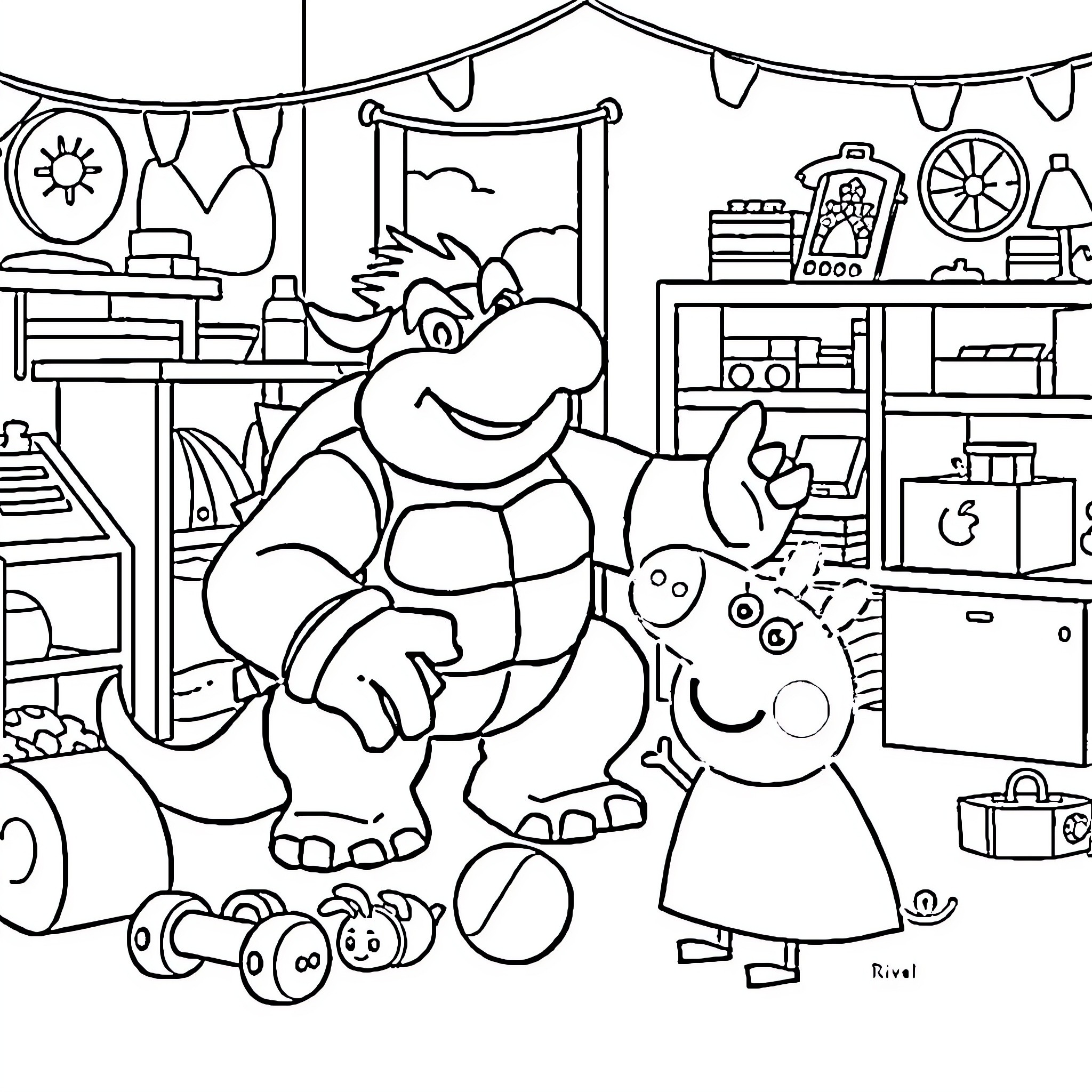 Bowser's playful encounter with cartoon characters Coloring Page (free black-and-white line drawing printable PDF for all, from beginners to advanced learners, including children, teens, adults, and seniors)