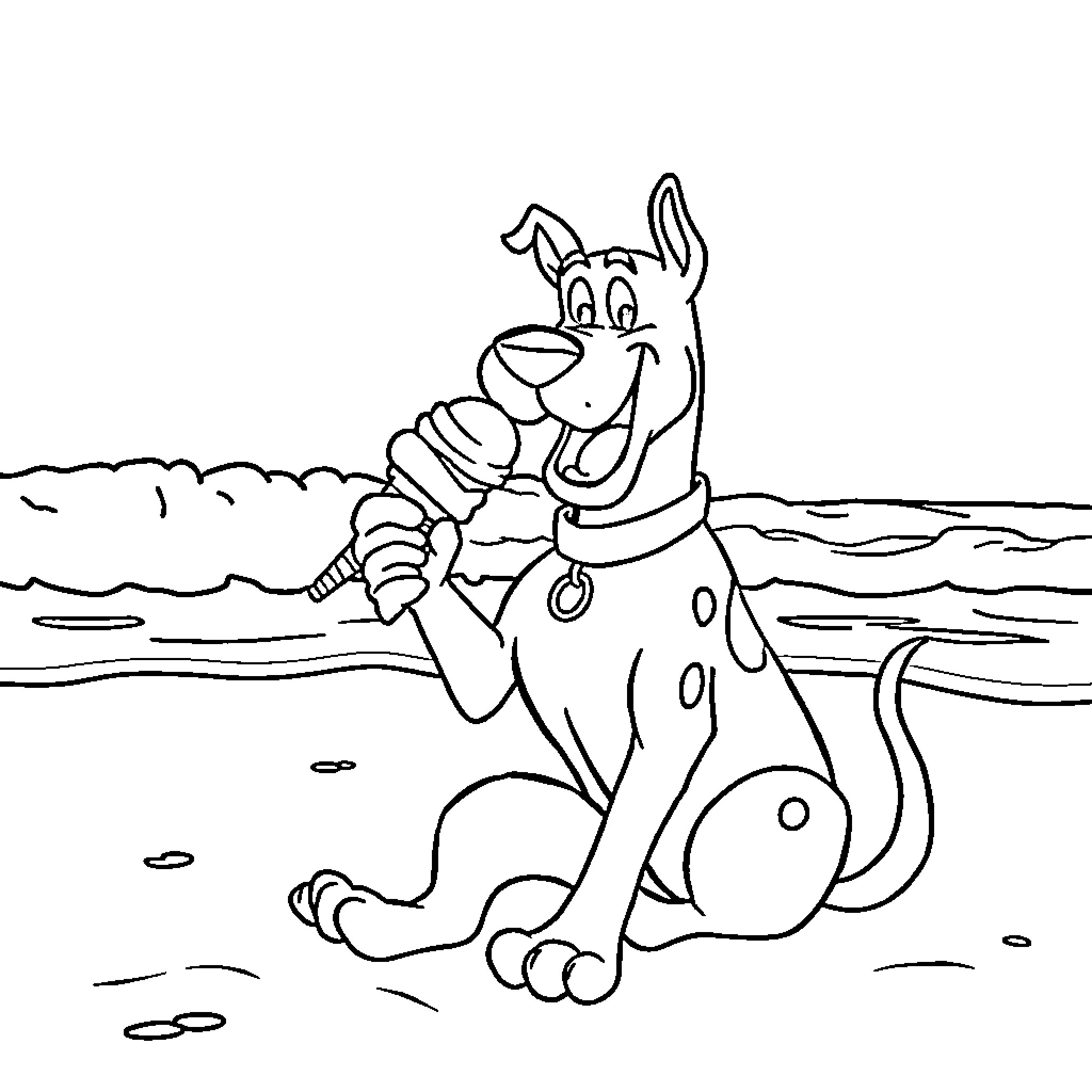 Scooby Doo enjoying a day at the beach Coloring Page (free black-and-white line drawing printable PDF for all, from beginners to advanced learners, including children, teens, adults, and seniors)