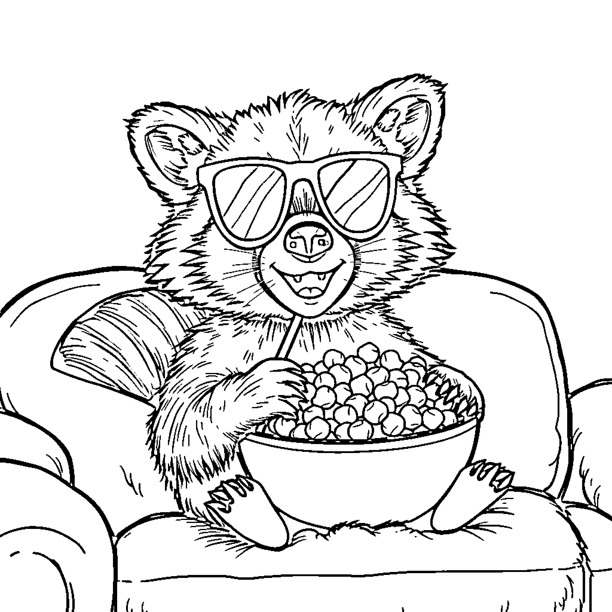 Raccoon enjoying snacks in sunglasses Coloring Page (free black-and-white line drawing printable PDF for all, from beginners to advanced learners, including children, teens, adults, and seniors)