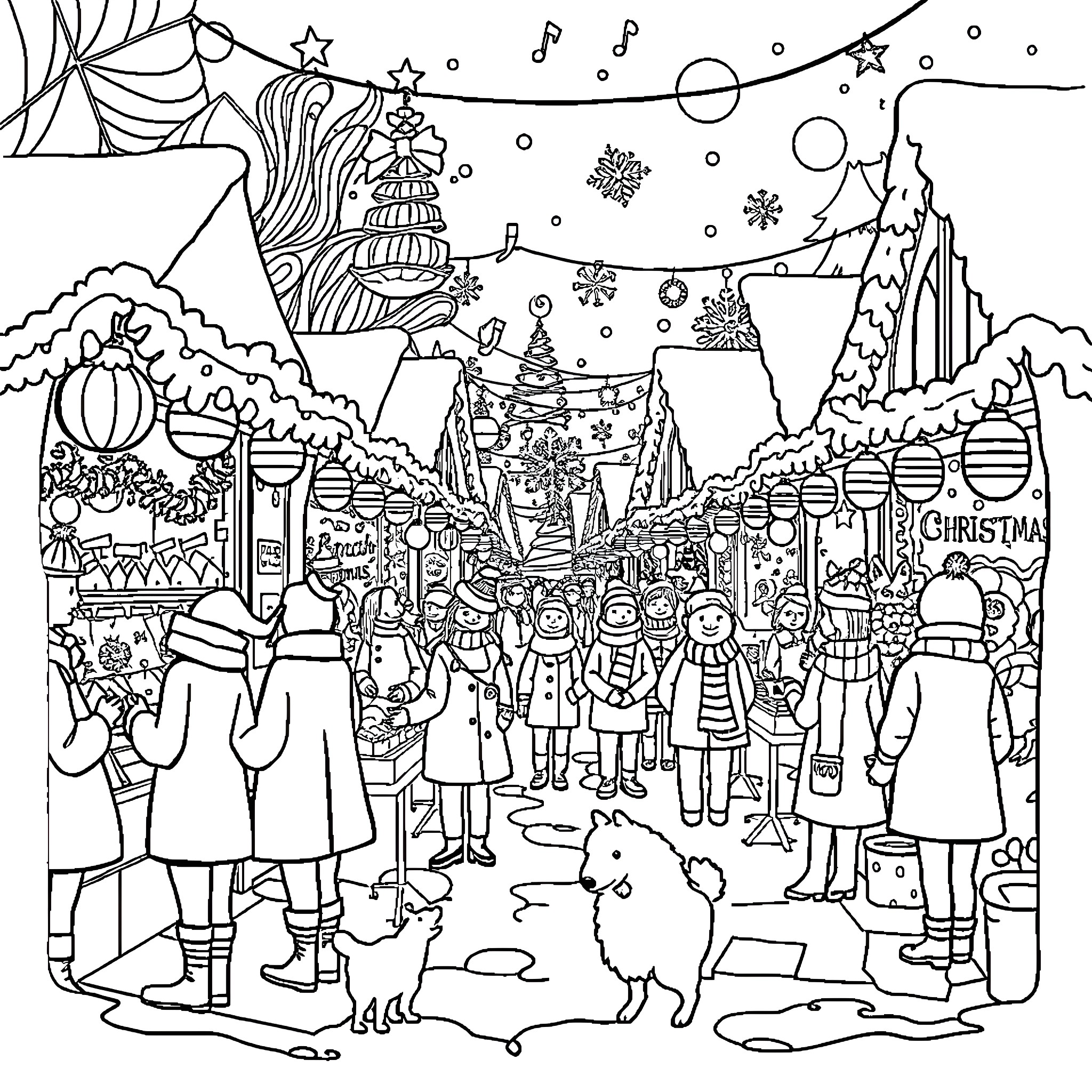 Christmas Market with Festive Crowd and Decorations Coloring Page (free black-and-white line drawing printable PDF for all, from beginners to advanced learners, including children, teens, adults, and seniors)