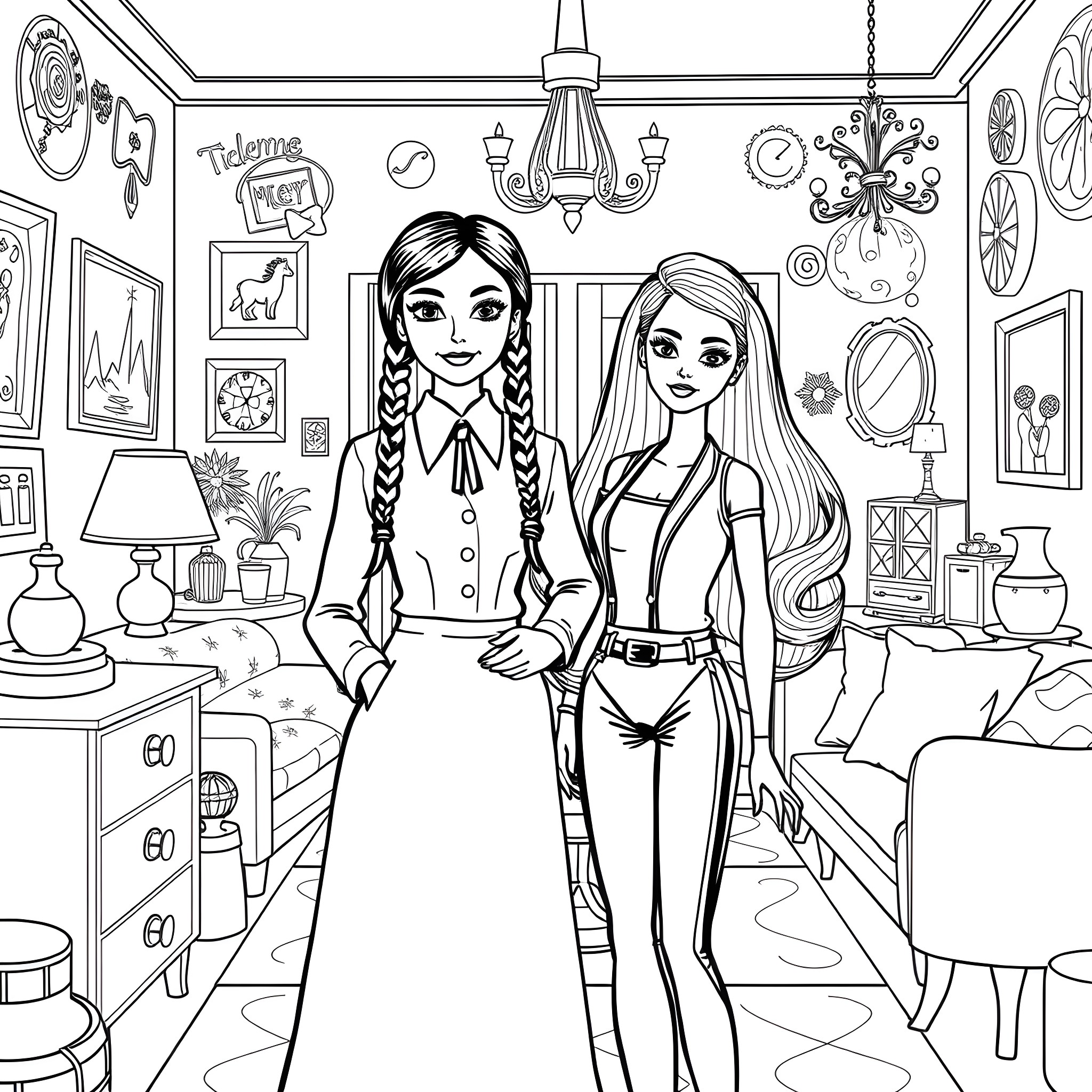 Wednesday Addams and her friend explore their cozy home Coloring Page (free black-and-white line drawing printable PDF for all, from beginners to advanced learners, including children, teens, adults, and seniors)