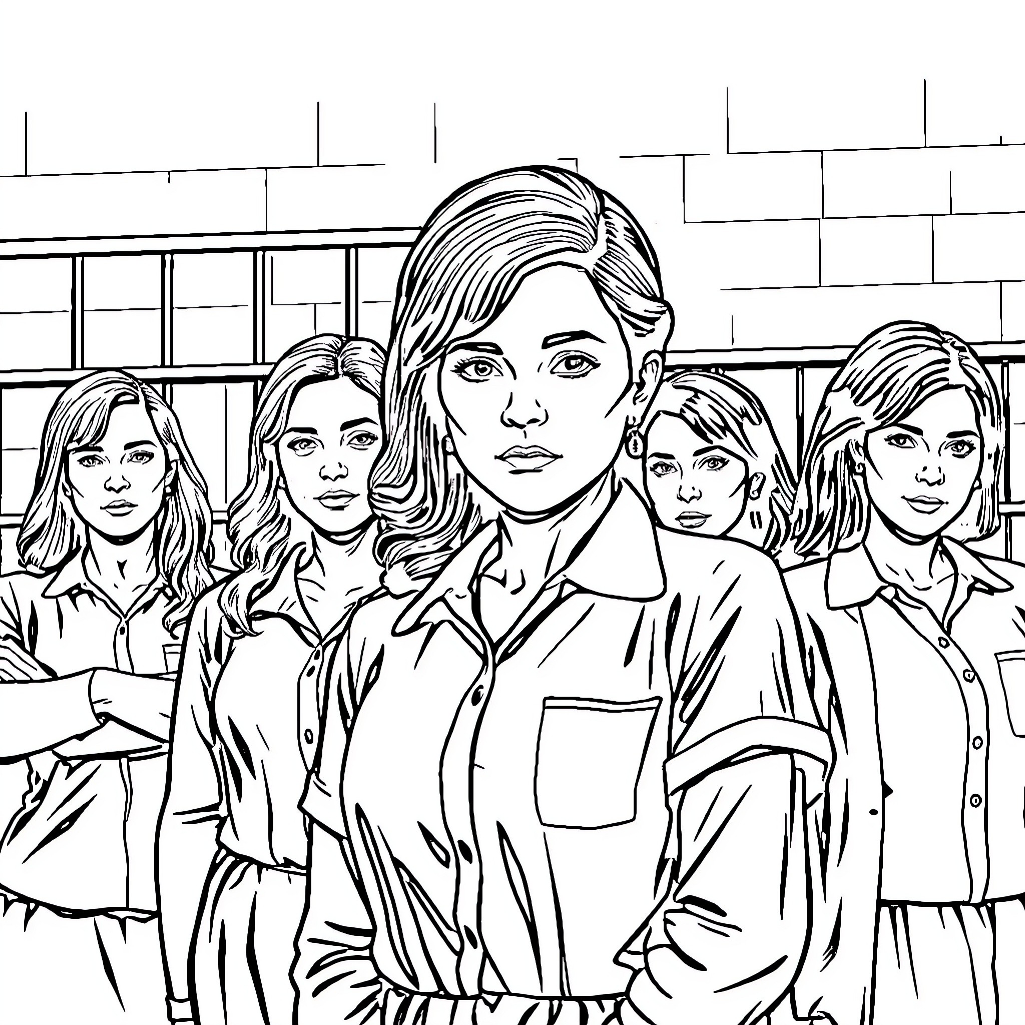 Wentworth: Women in uniforms facing challenges Coloring Page (free black-and-white line drawing printable PDF for all, from beginners to advanced learners, including children, teens, adults, and seniors)