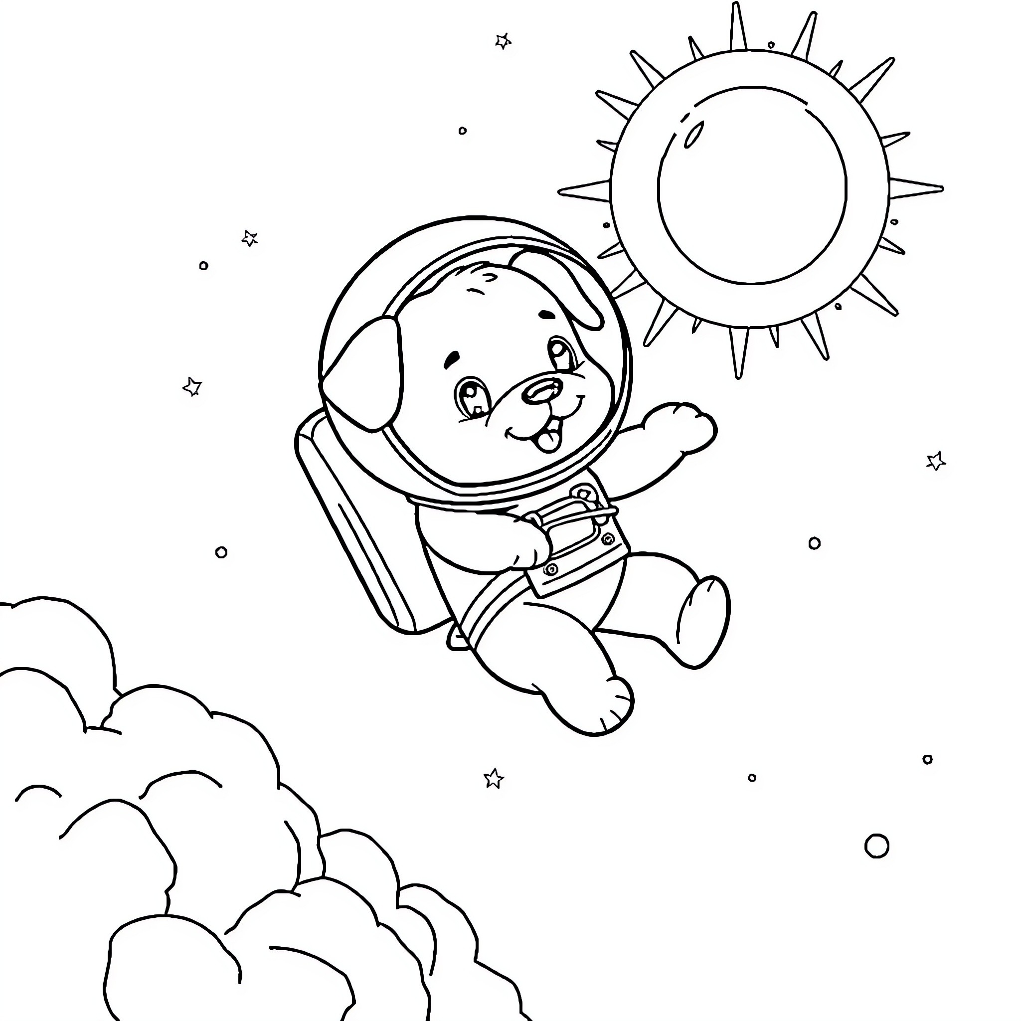 Puppy astronaut exploring the galaxy Coloring Page (free black-and-white line drawing printable PDF for all, from beginners to advanced learners, including children, teens, adults, and seniors)