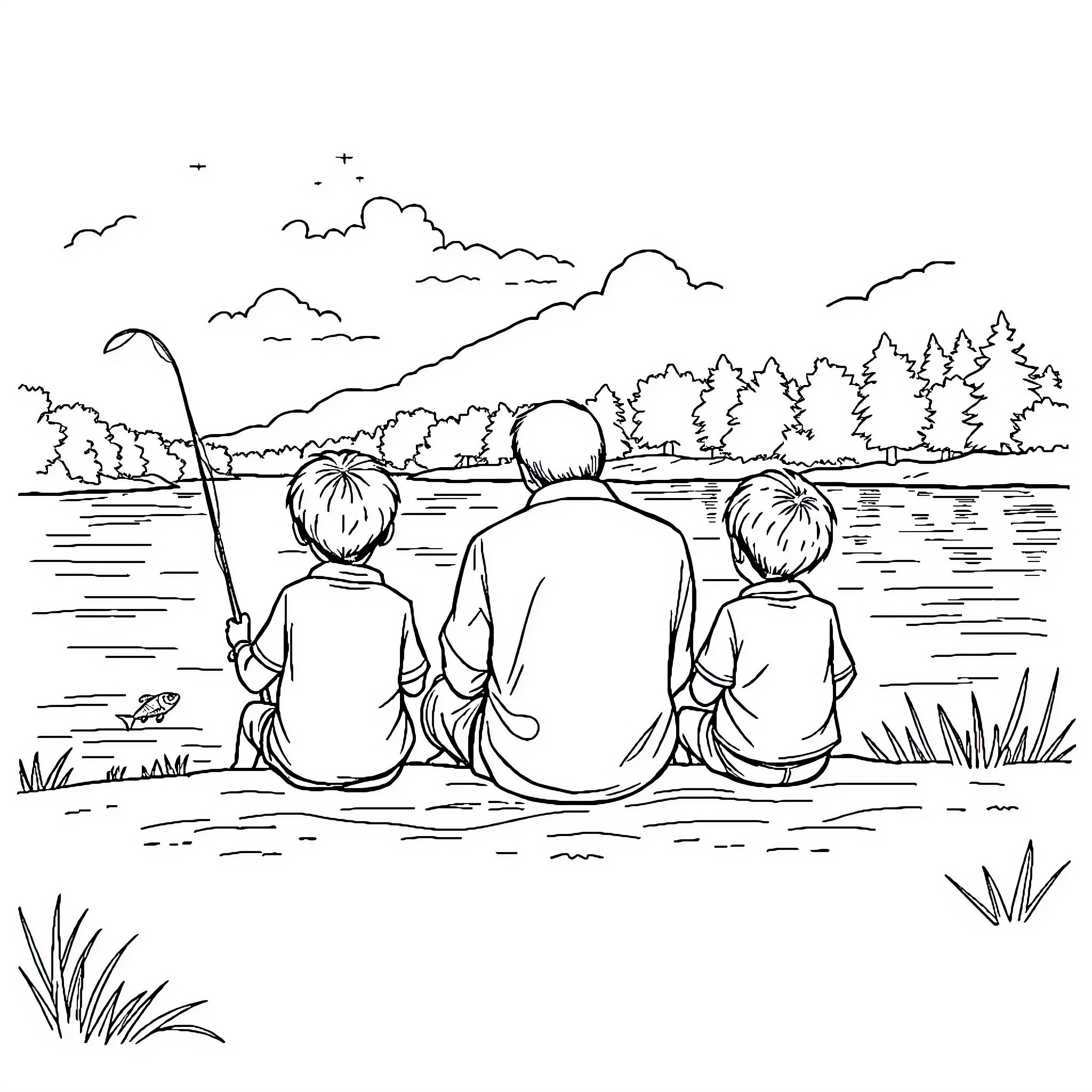 Dad and Kids Enjoying Fishing Trip by the Lake Coloring Page (free black-and-white line drawing printable PDF for all, from beginners to advanced learners, including children, teens, adults, and seniors)