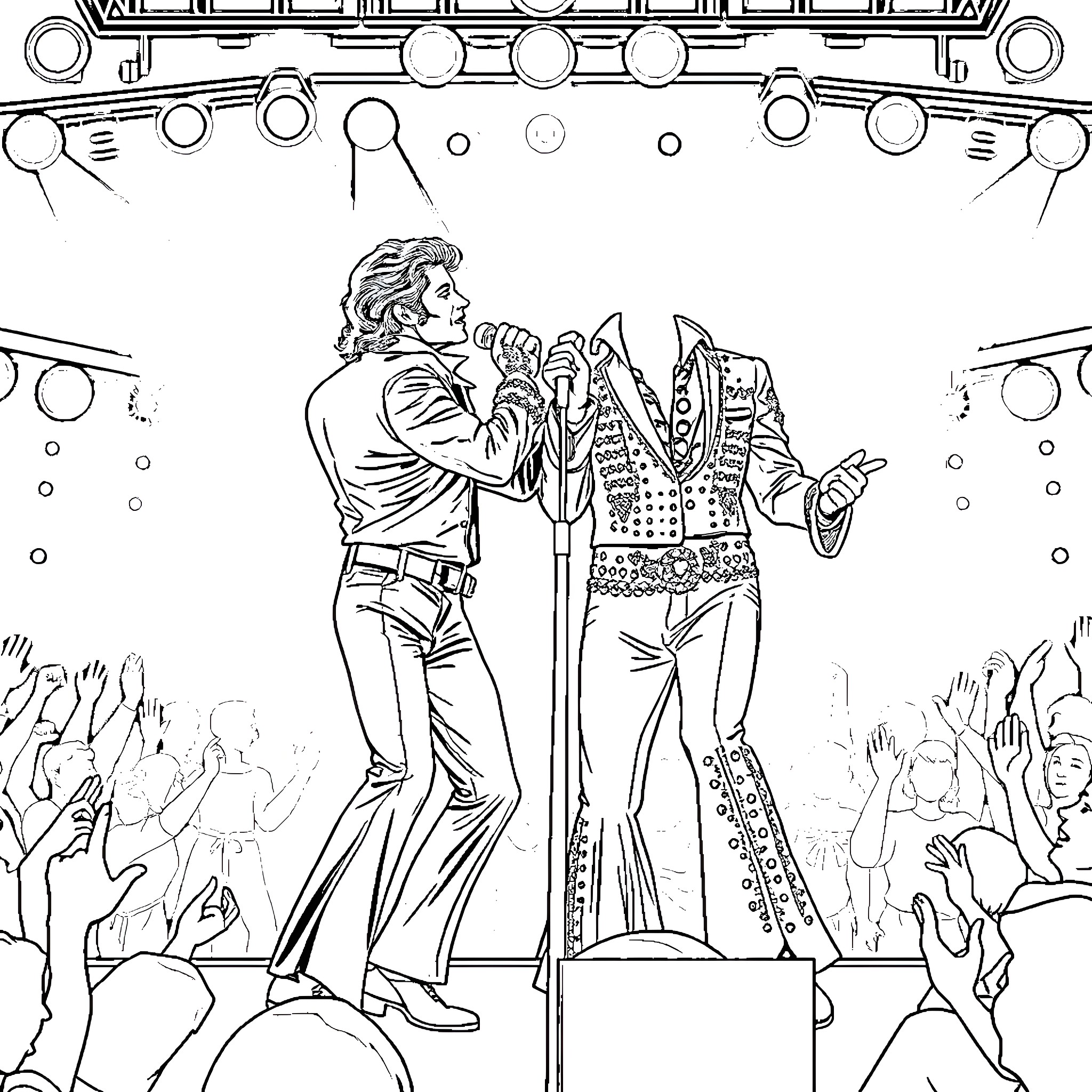 Michael Jackson Performing on Stage with Energetic Crowd Coloring Page (free black-and-white line drawing printable PDF for all, from beginners to advanced learners, including children, teens, adults, and seniors)