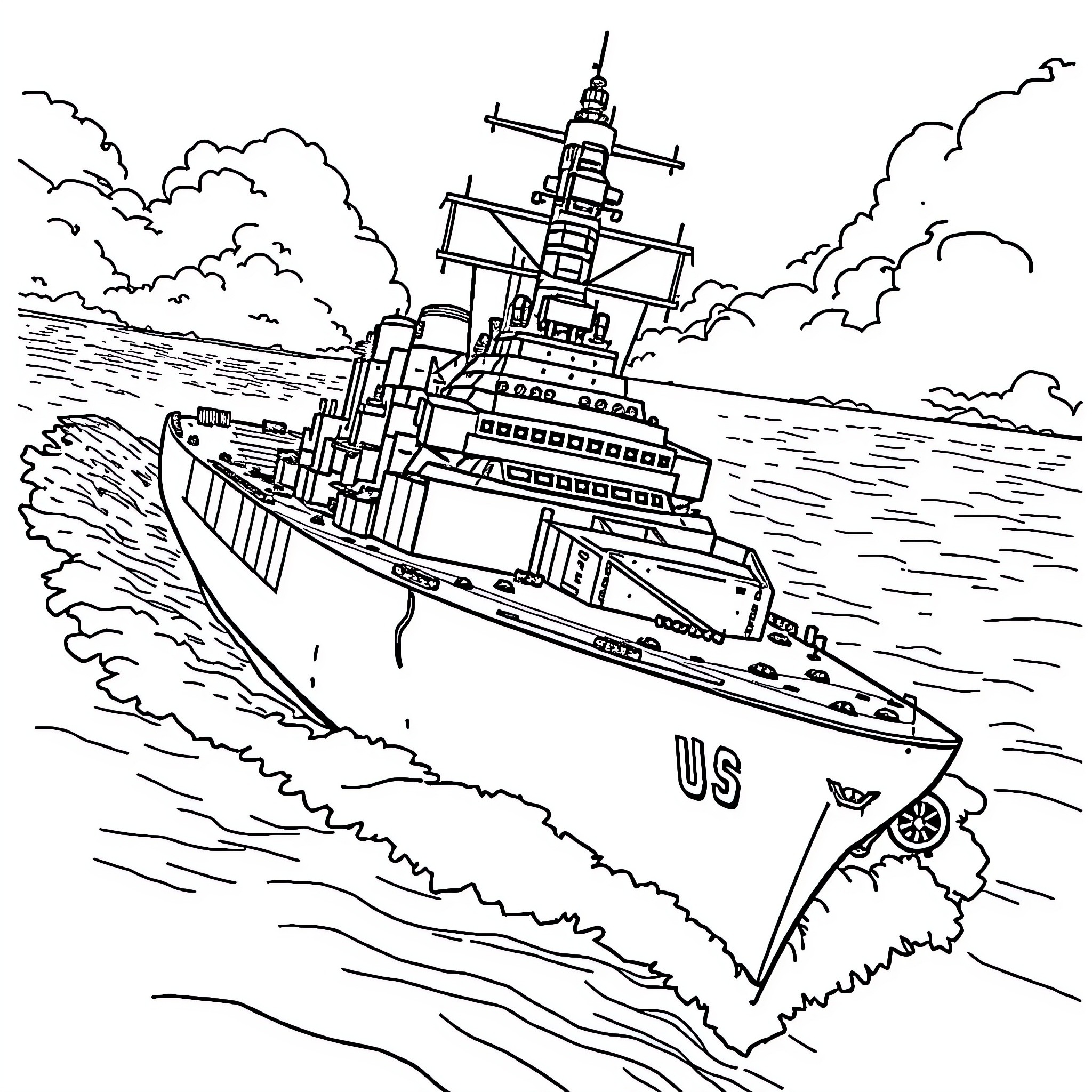 USS Missouri Battleship at Sea Coloring Page (free black-and-white line drawing printable PDF for all, from beginners to advanced learners, including children, teens, adults, and seniors)