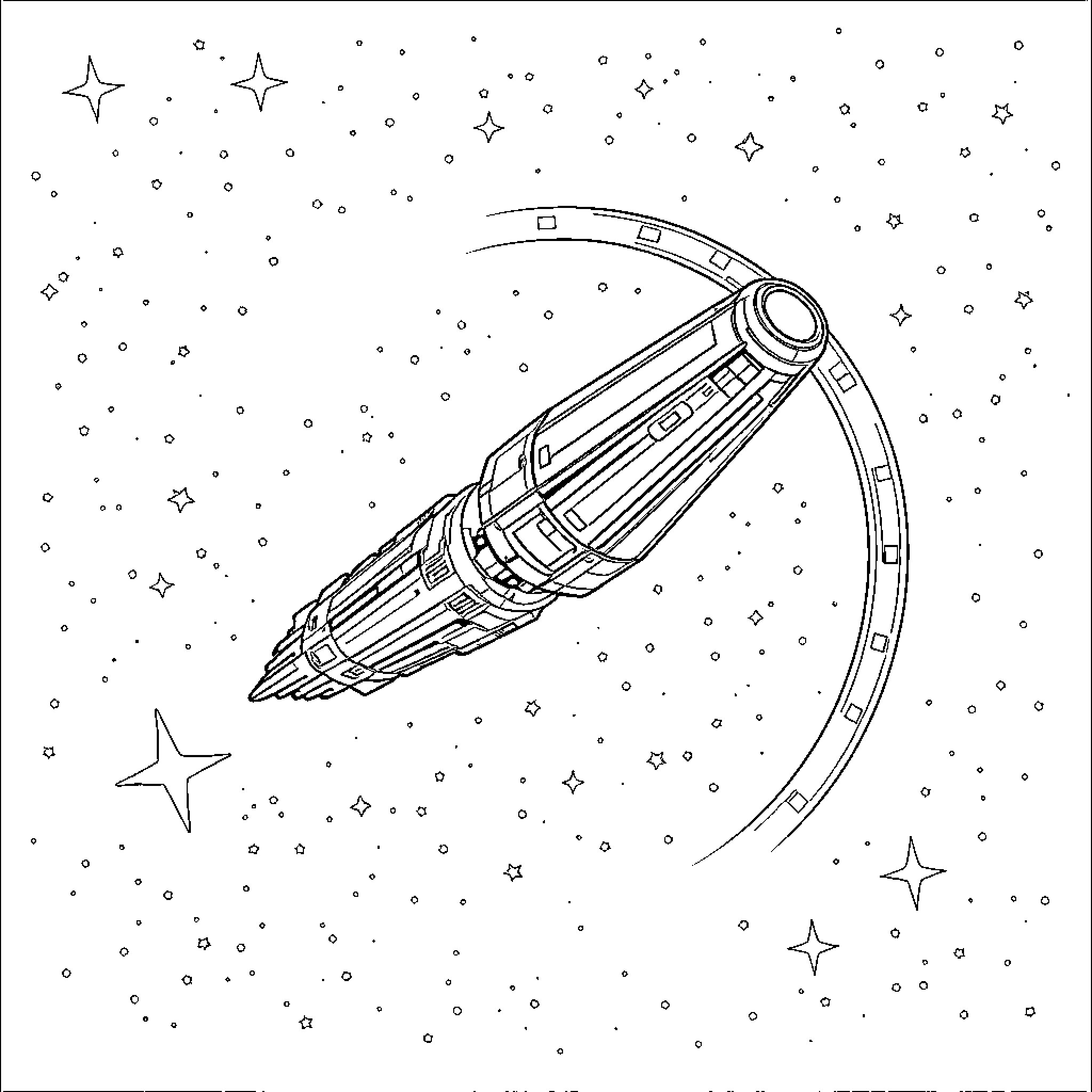 Stargate Spacecraft Soaring Through Cosmic Expanse Coloring Page (free black-and-white line drawing printable PDF for all, from beginners to advanced learners, including children, teens, adults, and seniors)