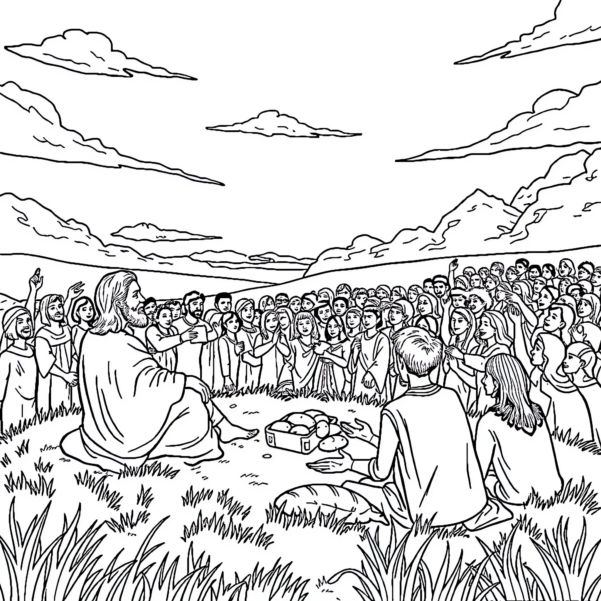 Jesus Preaching to the Multitude in a Grassy Field Coloring Page (free black-and-white line drawing printable PDF for all, from beginners to advanced learners, including children, teens, adults, and seniors)