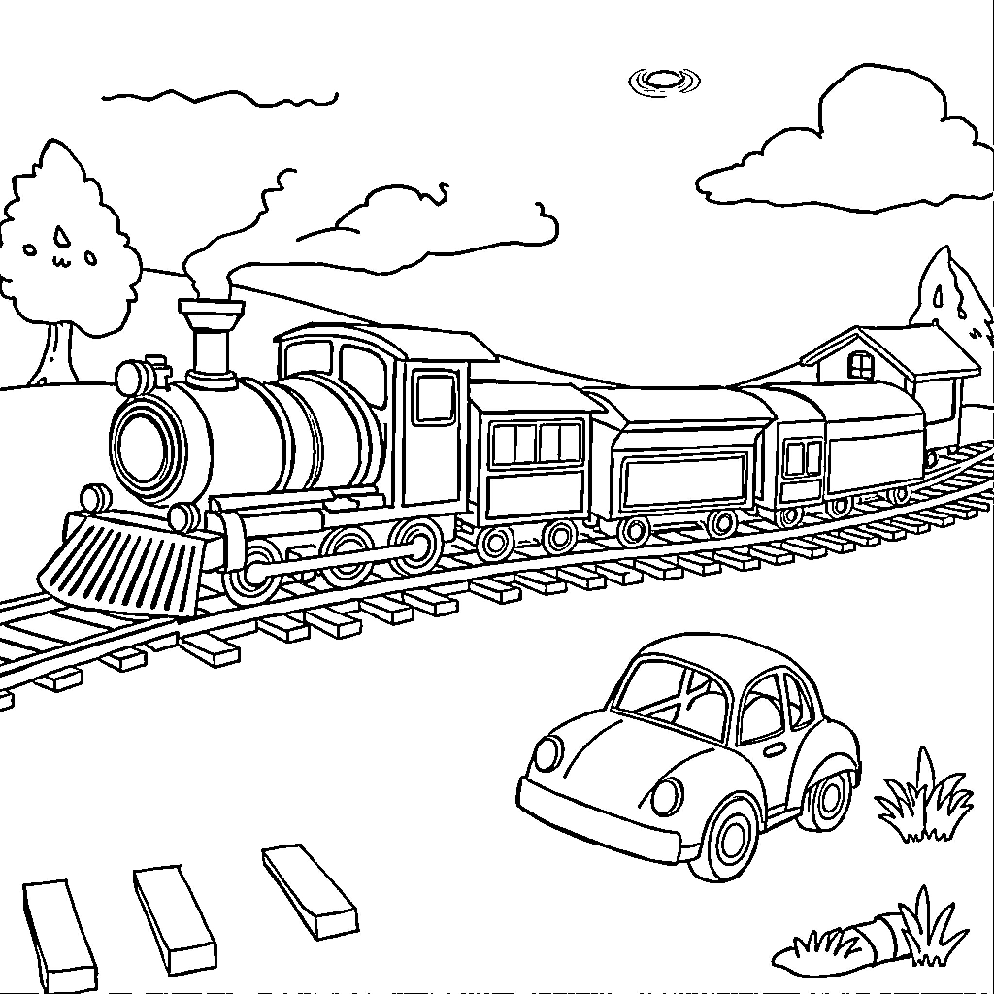 Train passing by scenic landscape with car Coloring Page (free black-and-white line drawing printable PDF for all, from beginners to advanced learners, including children, teens, adults, and seniors)