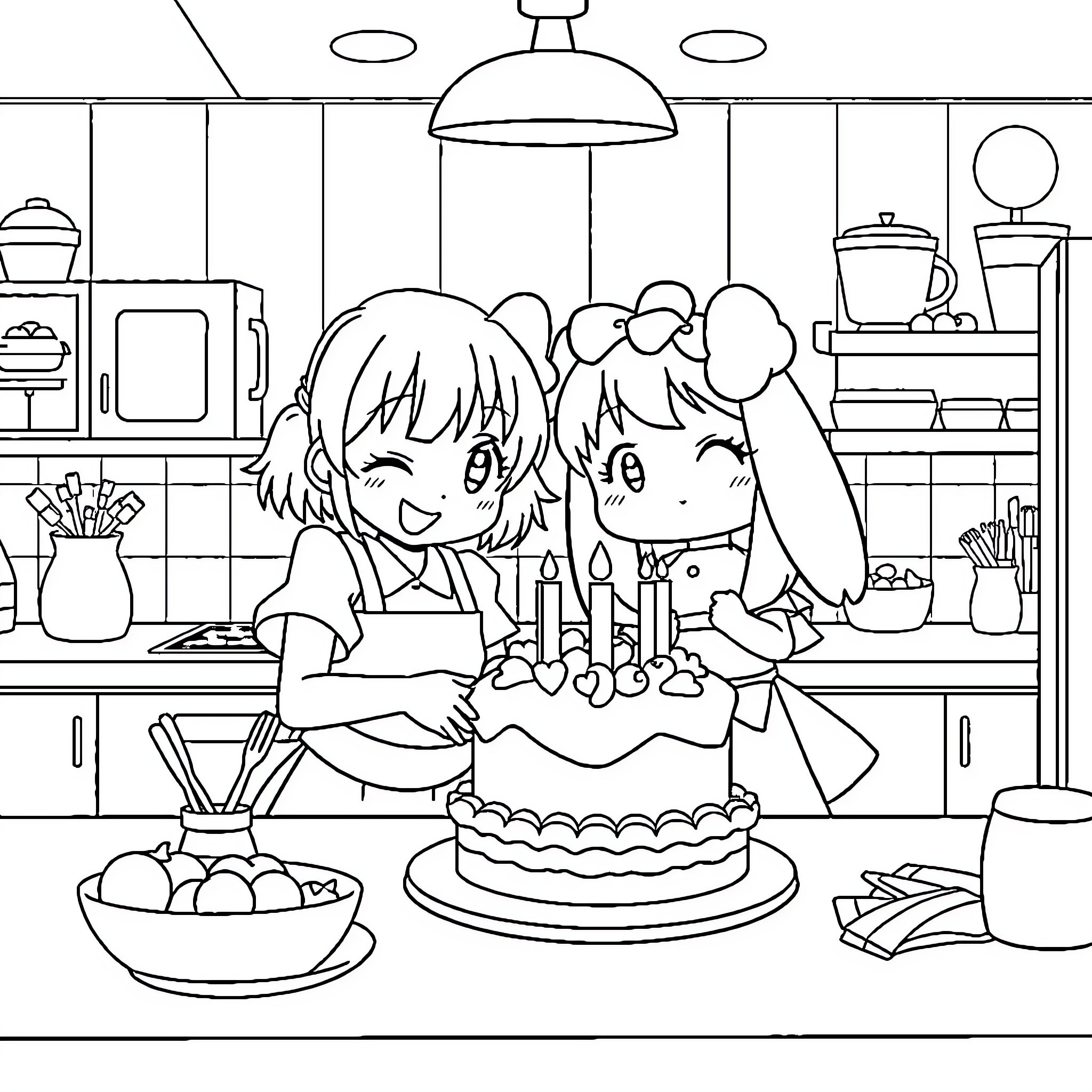 Kuromi having fun with friends in the kitchen Coloring Page (free black-and-white line drawing printable PDF for all, from beginners to advanced learners, including children, teens, adults, and seniors)
