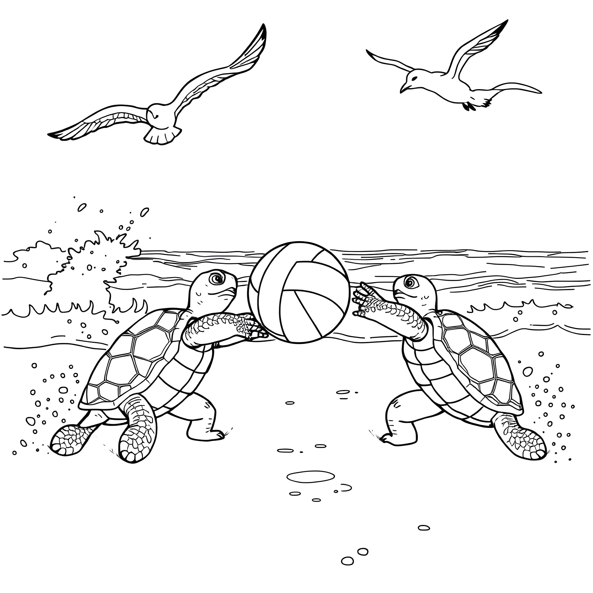 Turtles playing with beach ball on the shore Coloring Page (free black-and-white line drawing printable PDF for all, from beginners to advanced learners, including children, teens, adults, and seniors)