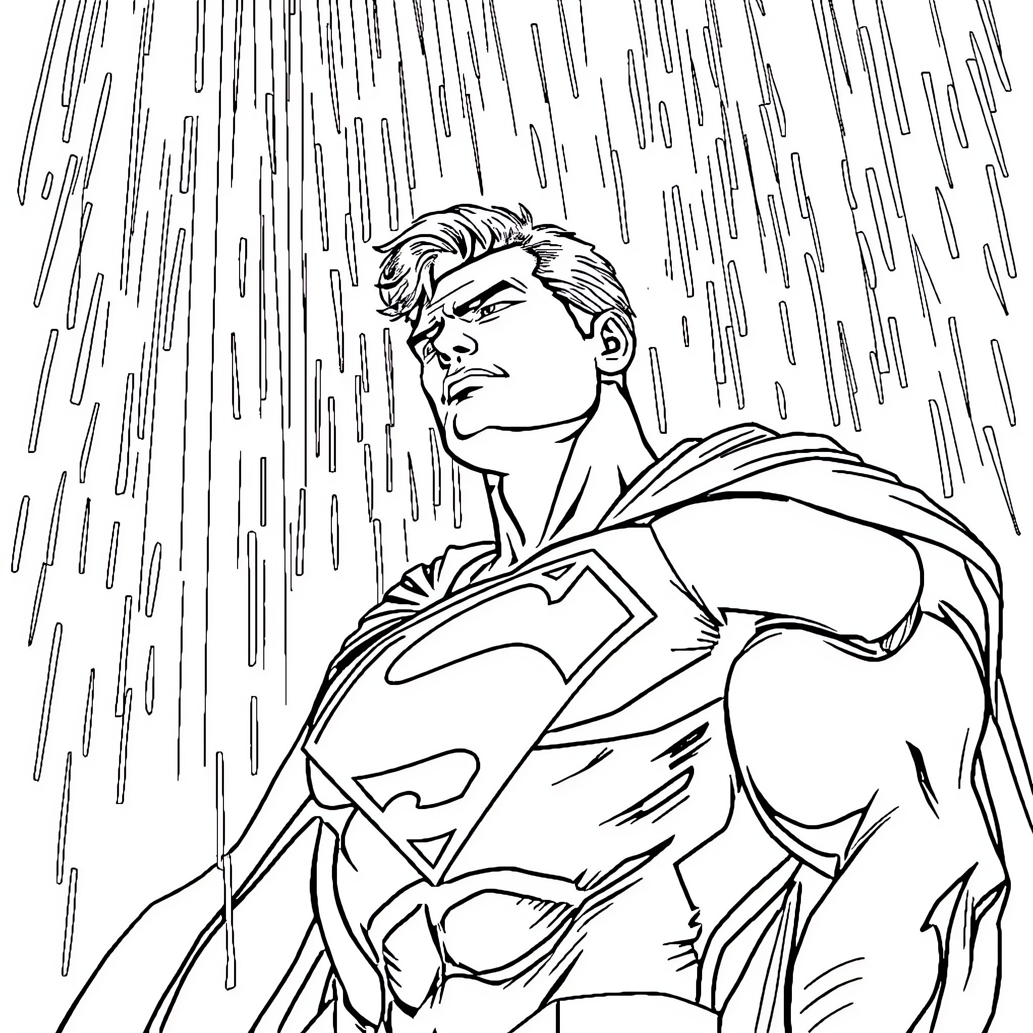 Superman's Heroic Determination in the Storm Coloring Page (free black-and-white line drawing printable PDF for all, from beginners to advanced learners, including children, teens, adults, and seniors)