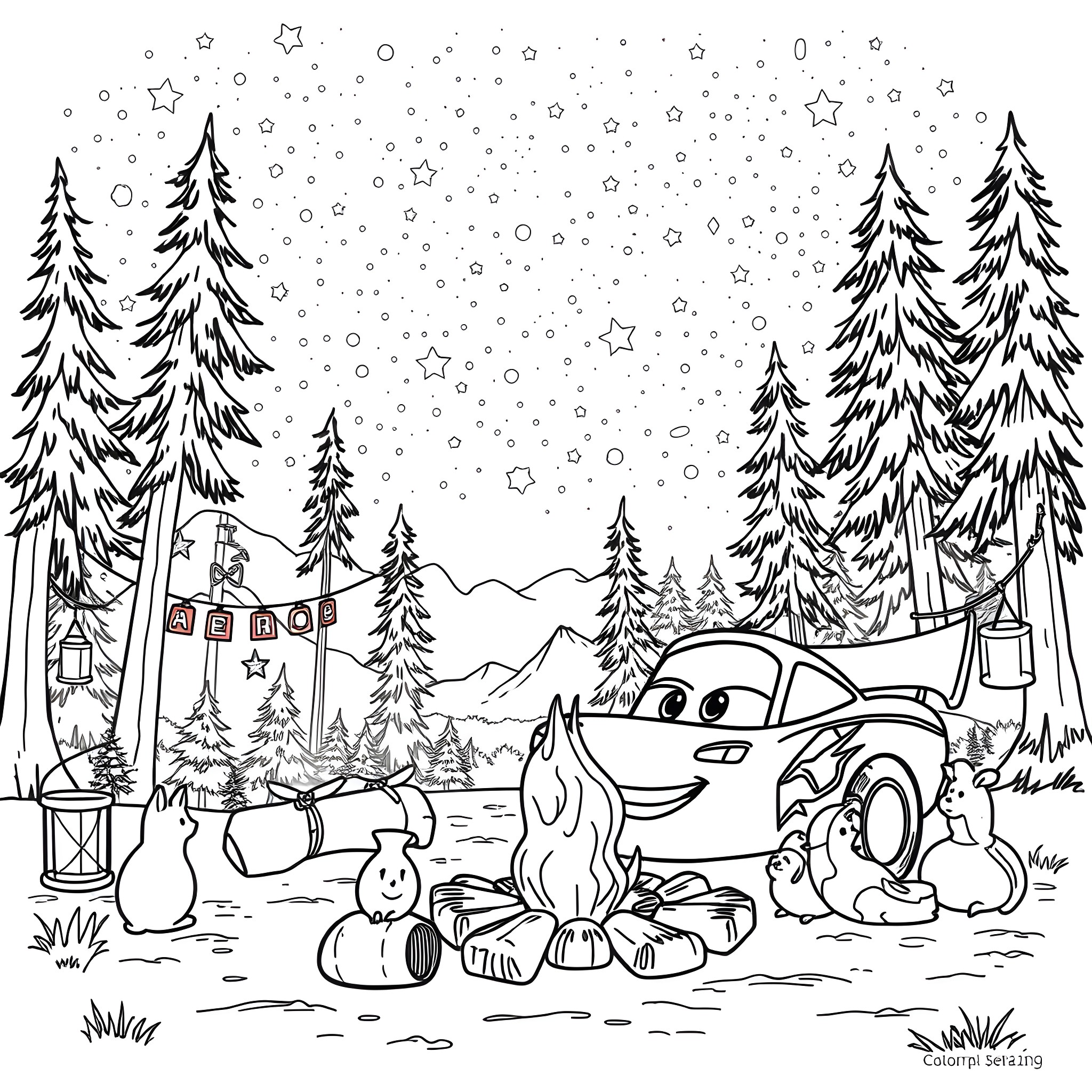 Lightning McQueen enjoying a cozy winter night in the forest Coloring Page (free black-and-white line drawing printable PDF for all, from beginners to advanced learners, including children, teens, adults, and seniors)