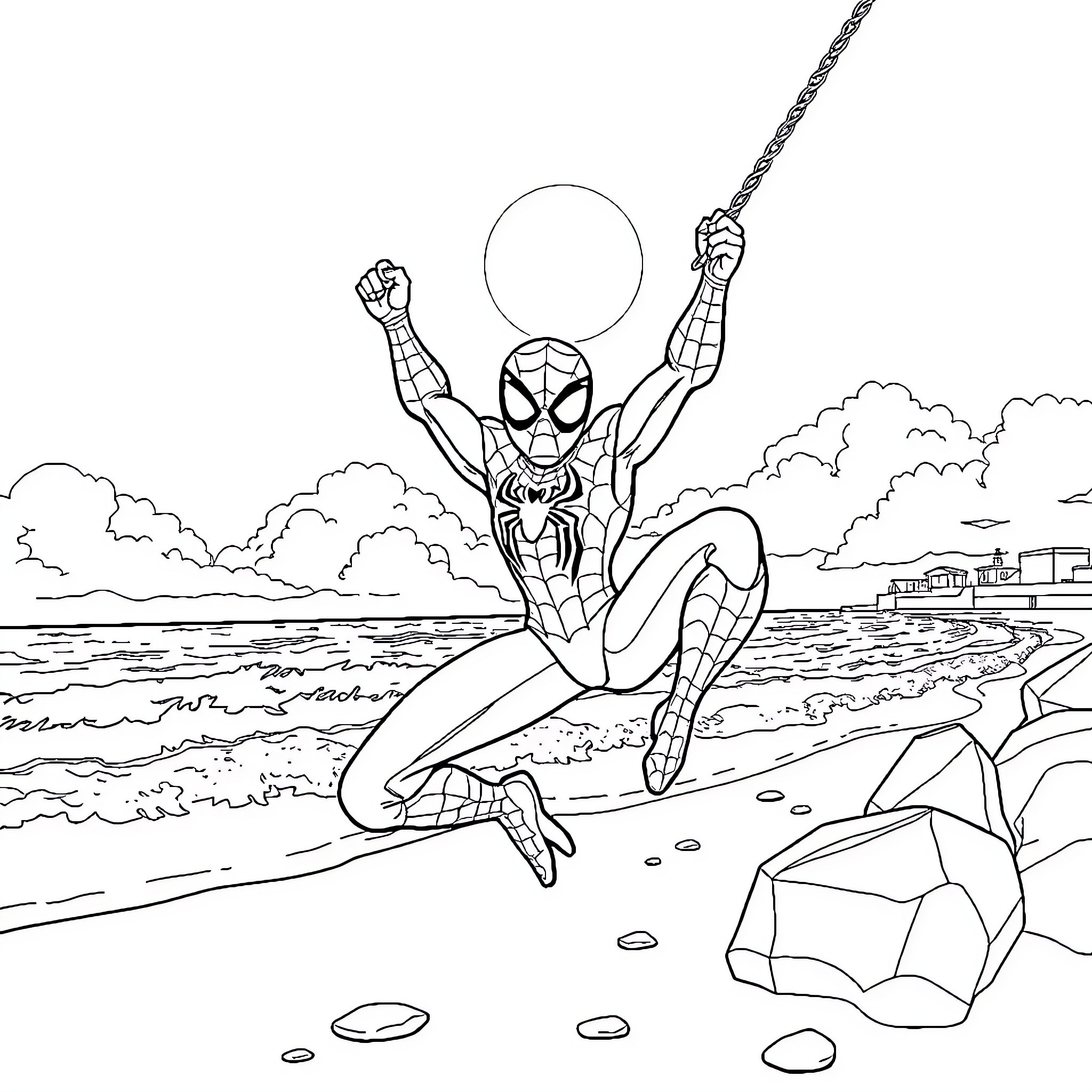 Spidey swinging through the city skyline Coloring Page (free black-and-white line drawing printable PDF for all, from beginners to advanced learners, including children, teens, adults, and seniors)