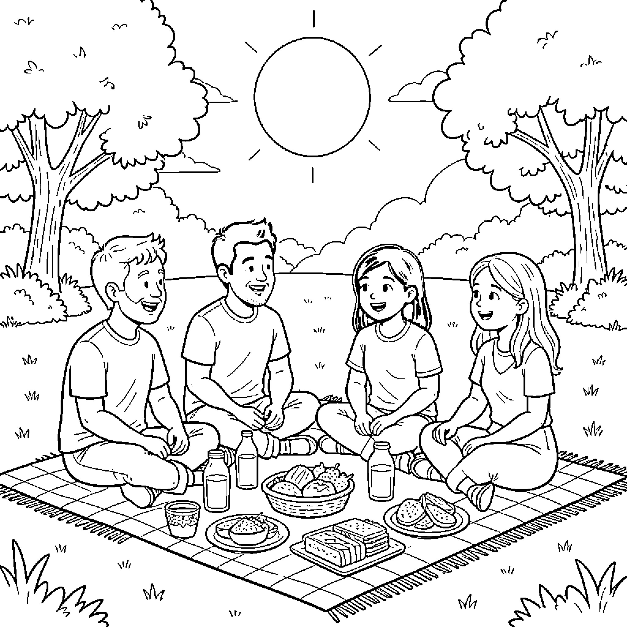 Family enjoying a picnic together on a sunny day Coloring Page (free black-and-white line drawing printable PDF for all, from beginners to advanced learners, including children, teens, adults, and seniors)